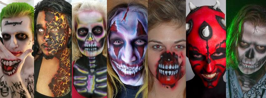 Seven people with Halloween makeup, including skulls, demons, and clown faces, in various costumes and face paint, smiling or serious.