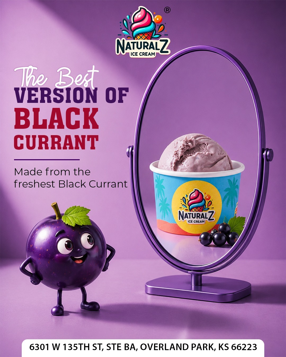 Mirror reflecting a cup of black currant ice cream with black currants, purple background, and a cartoon black currant character.