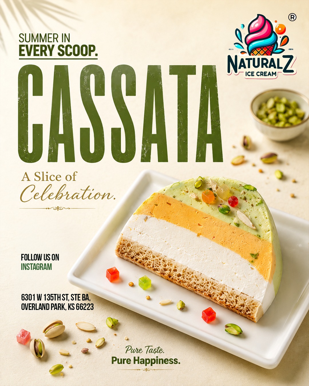 Slice of layered ice cream cake on a white plate with pistachios and red candies, with a bowl of pistachios in background.