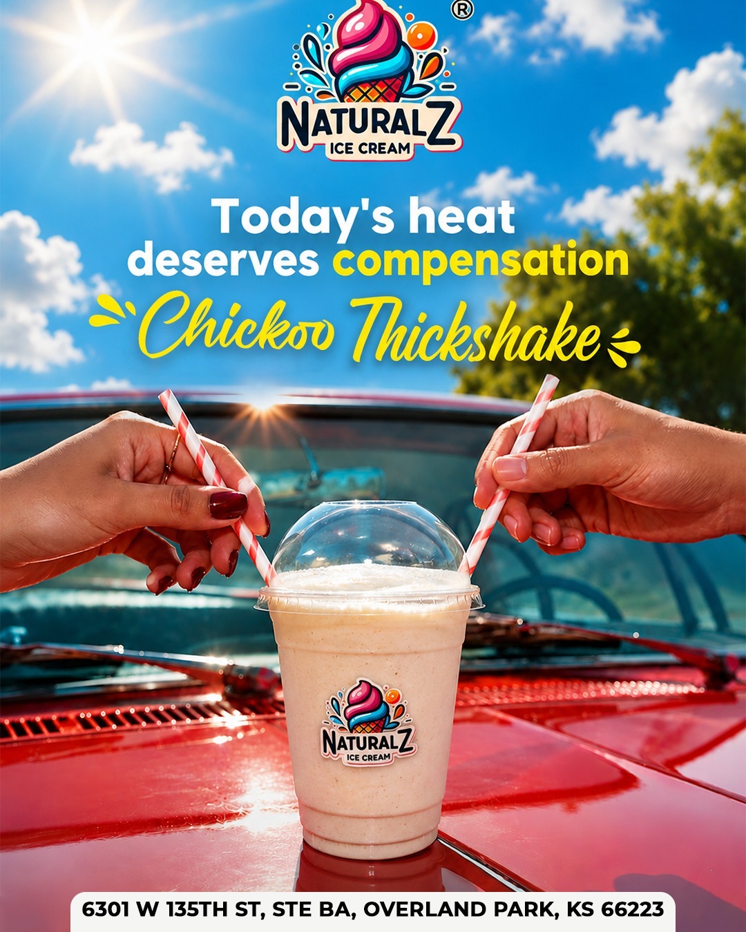 Two hands hold spoons over a Chickoo Thickshake on a car hood, with a bright sky and trees in background.