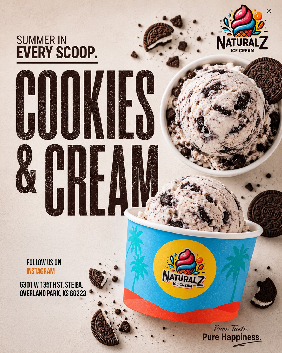 Two cups of cookies and cream ice cream with Oreo cookies, promotional poster for Natural Z ice cream, with text and logo.