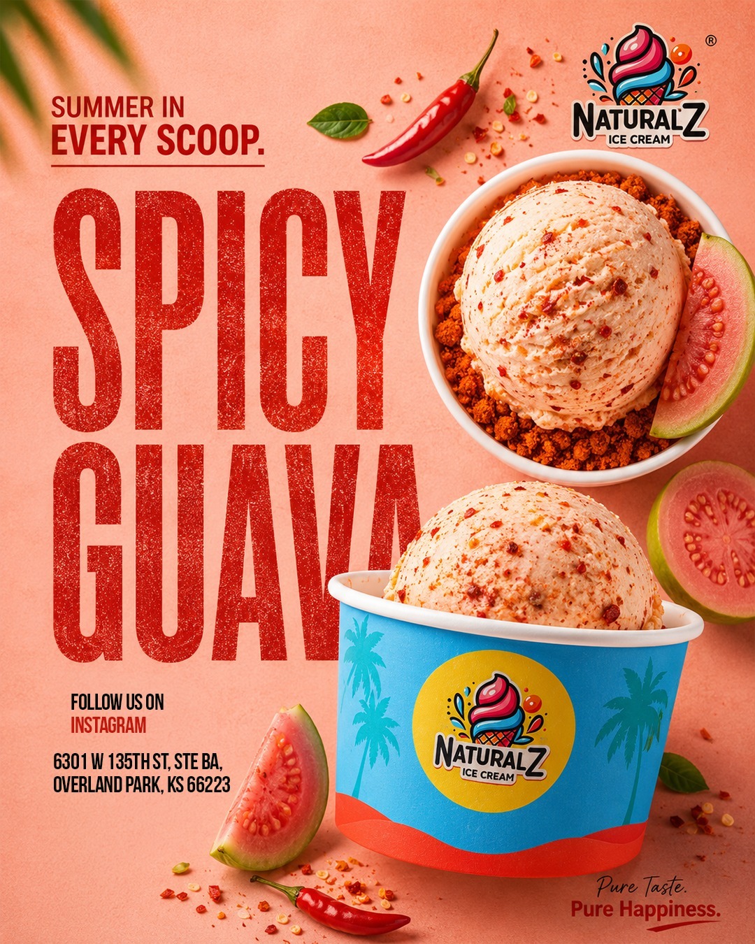 Two bowls of spicy guava ice cream with guava slices and chili pepper, promotional summer advertisement, bright colors.