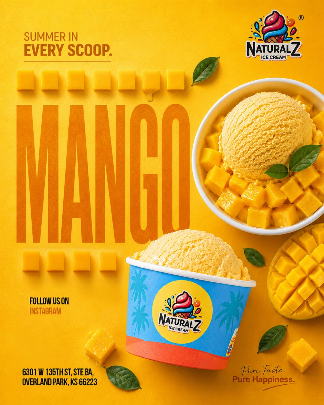 Two cups of mango ice cream with mango chunks and leaves, yellow background, Natural Z logo, summer theme.
