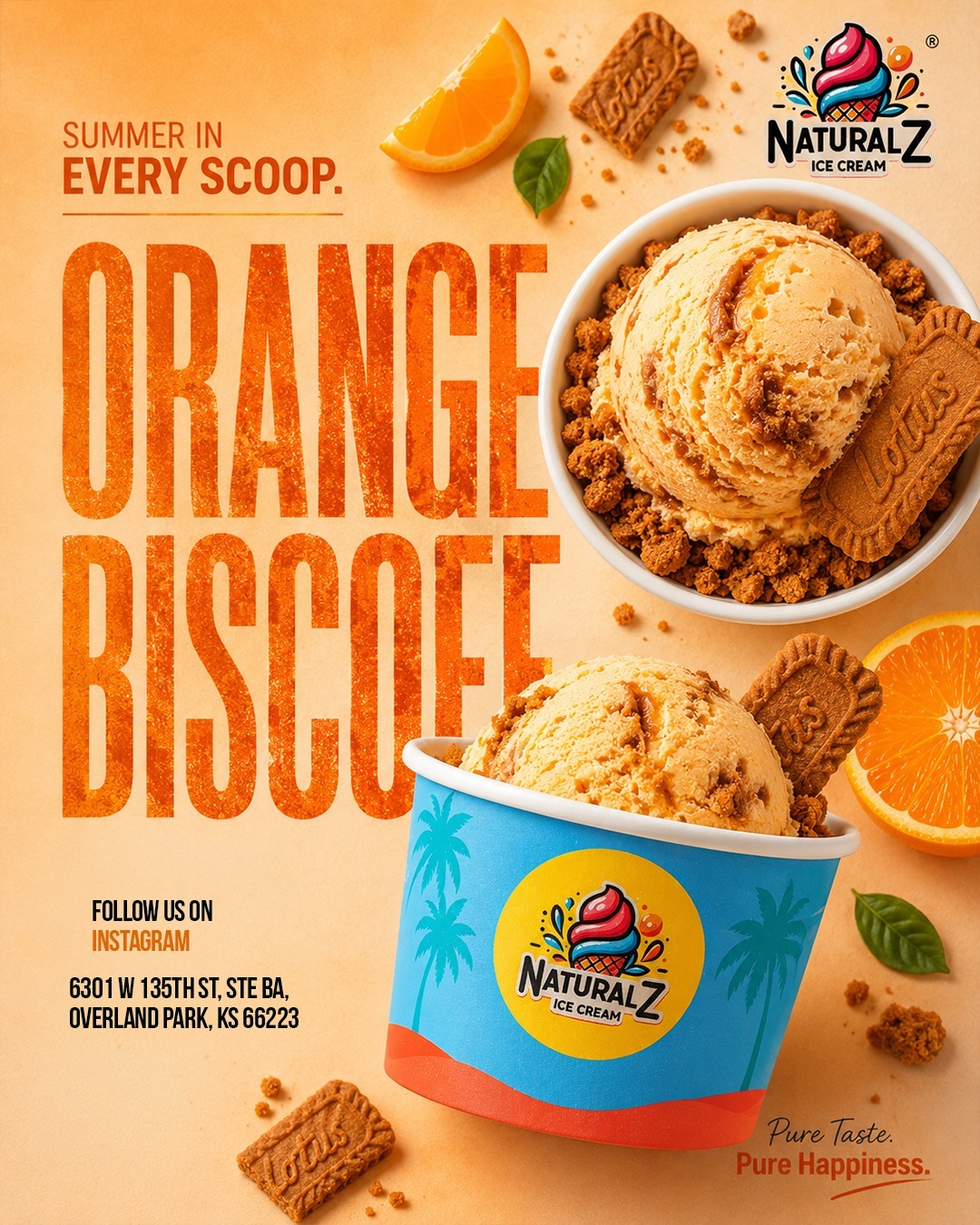 Ice cream in a blue cup with a yellow logo, orange slices, biscuits, and a scoop of ice cream with orange flavor.