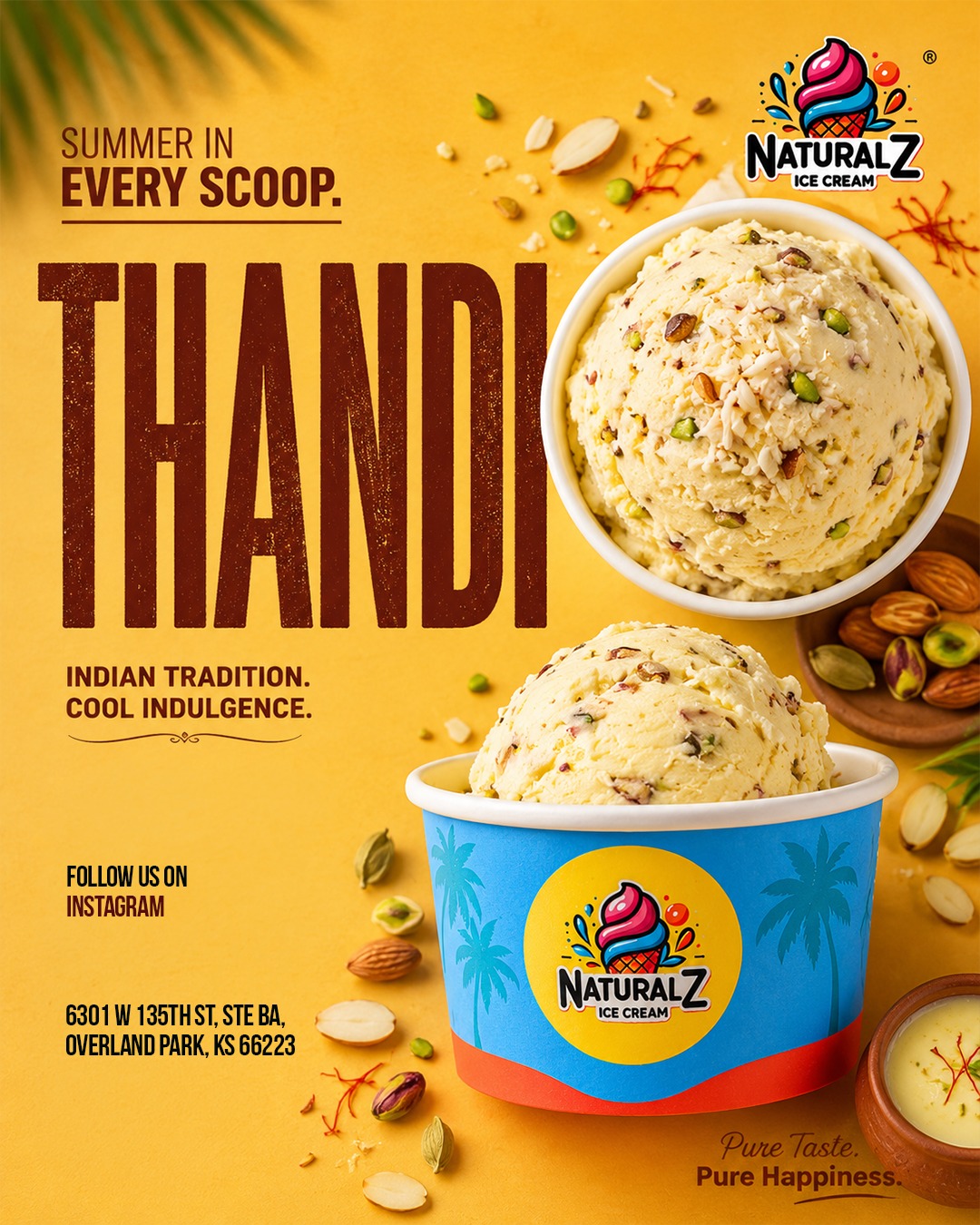 Two scoops of ice cream in a cup and bowl with nuts and ingredients around, advertising Natural Z ice cream, summer flavor.
