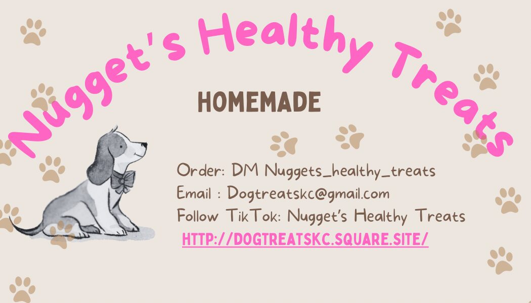 Business card for Nugget's Healthy Treats with contact info and a dog illustration, on a beige background with paw prints.