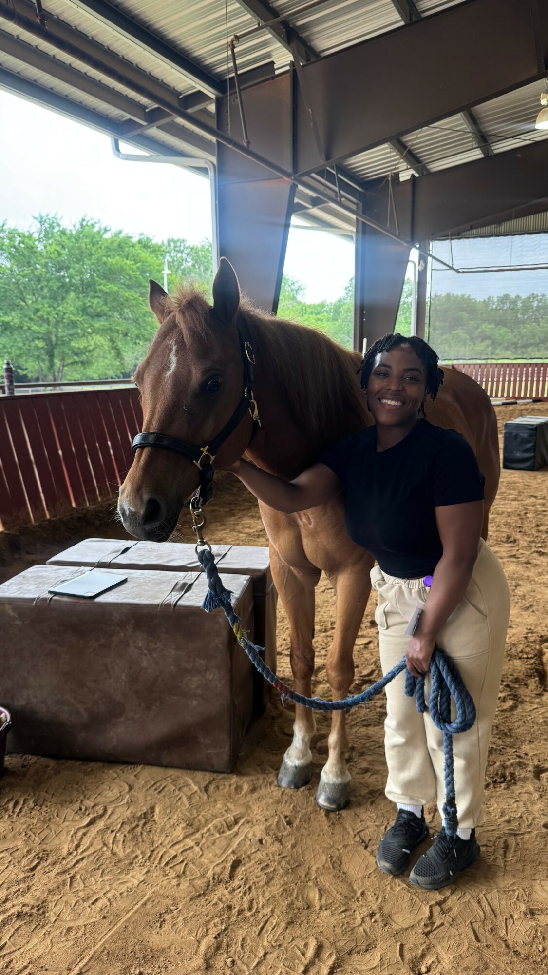 Person standing next to a brown horse inside a covered riding arena, holding the horse's reins, with trees visible outside.