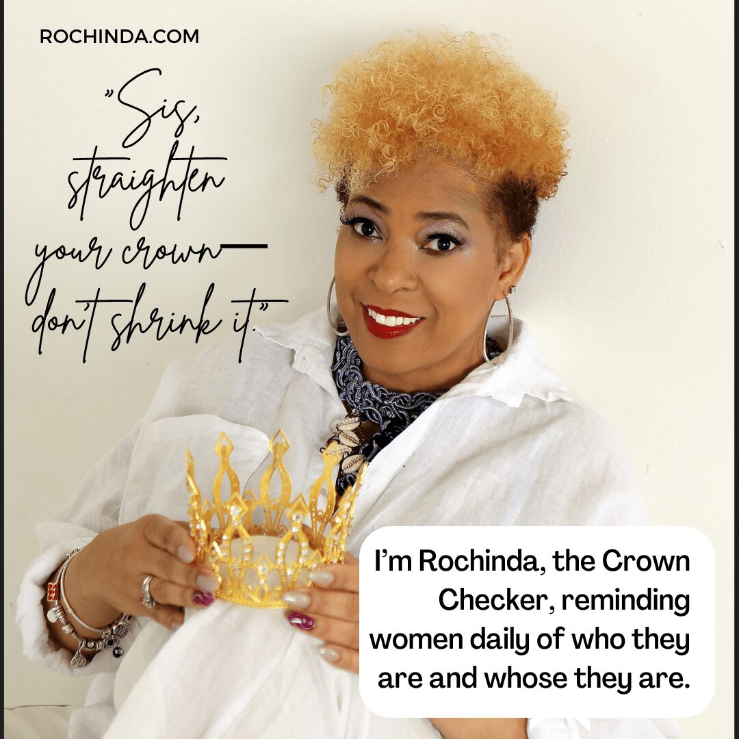 Woman with short curly hair holding a gold crown, smiling, wearing a white outfit and earrings, with text about women and crowns.