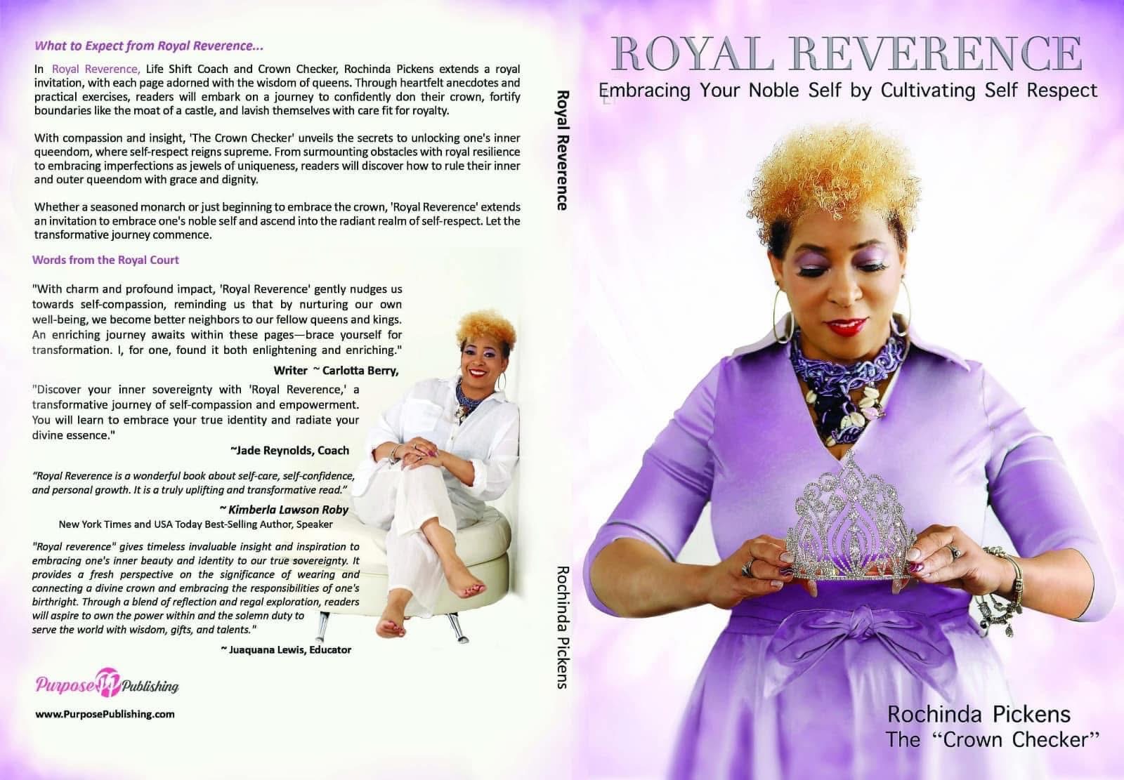 A woman in purple holding a crown, with a smaller image of a child in white beside her. Text about self-respect and Rochinda Pickens.