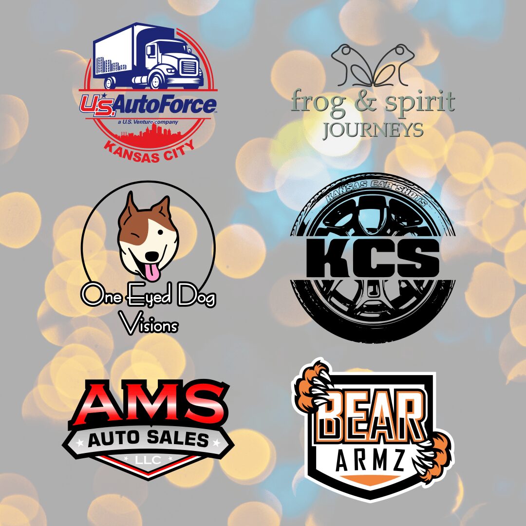 Collection of six logos including U.S. AutoForce, frog and spirit journeys, one-eyed dog visions, KCS, AMS auto sales, and bear armz.