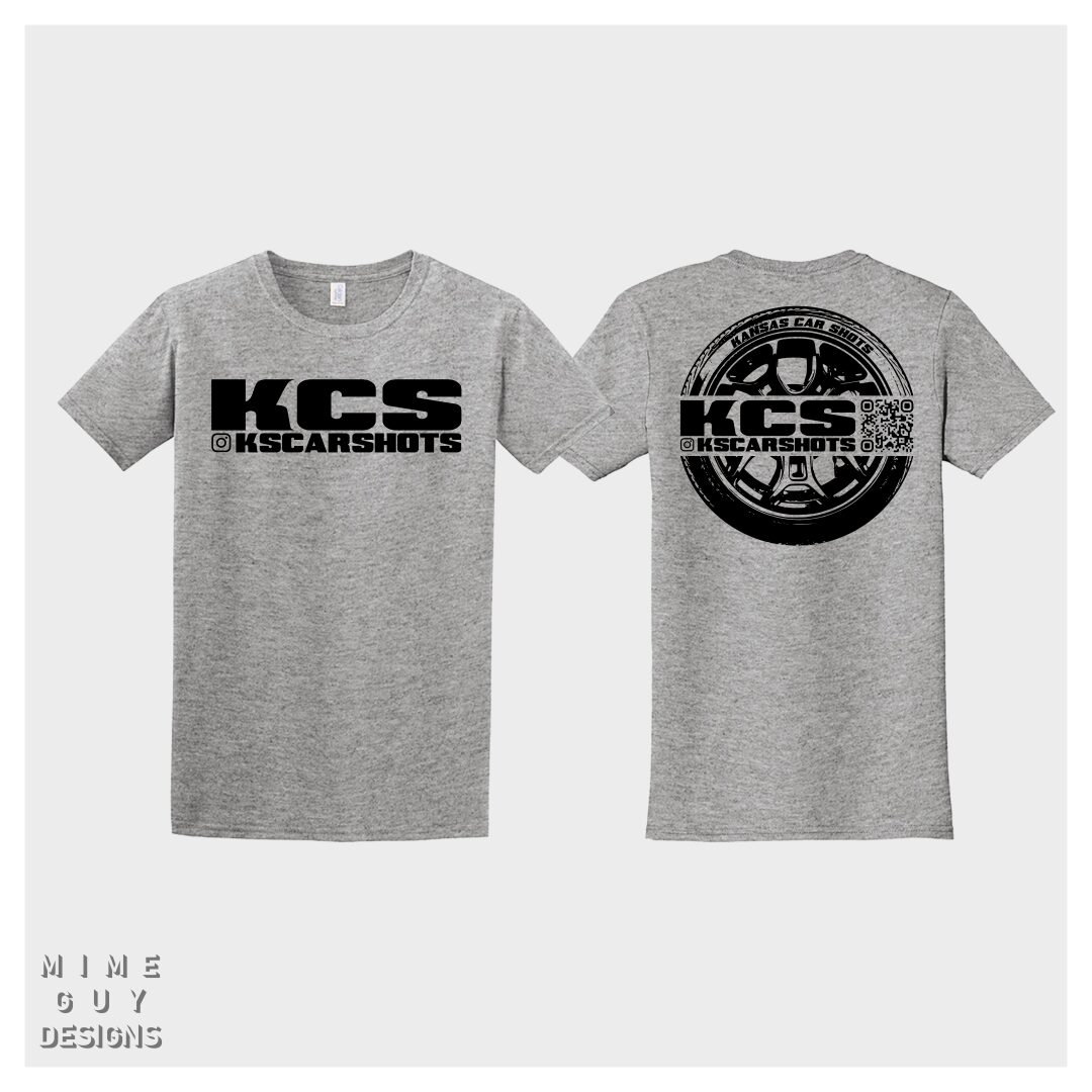 Gray T-shirt with black logo and text on front and back, displayed against a light background.