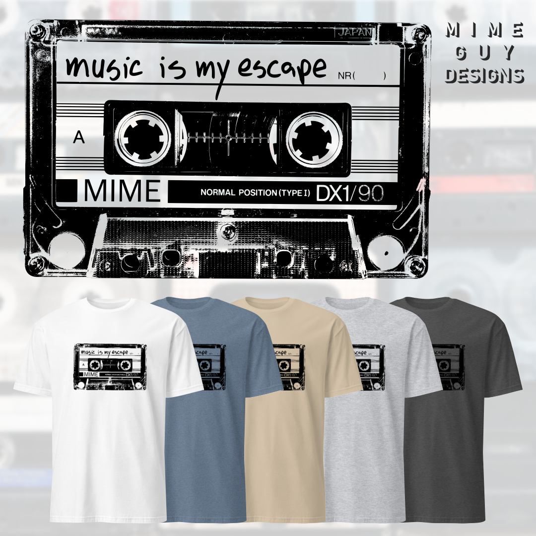 Cassette tape with handwritten label 'music is my escape' and four T-shirts with cassette tape designs in different colors, on a display.