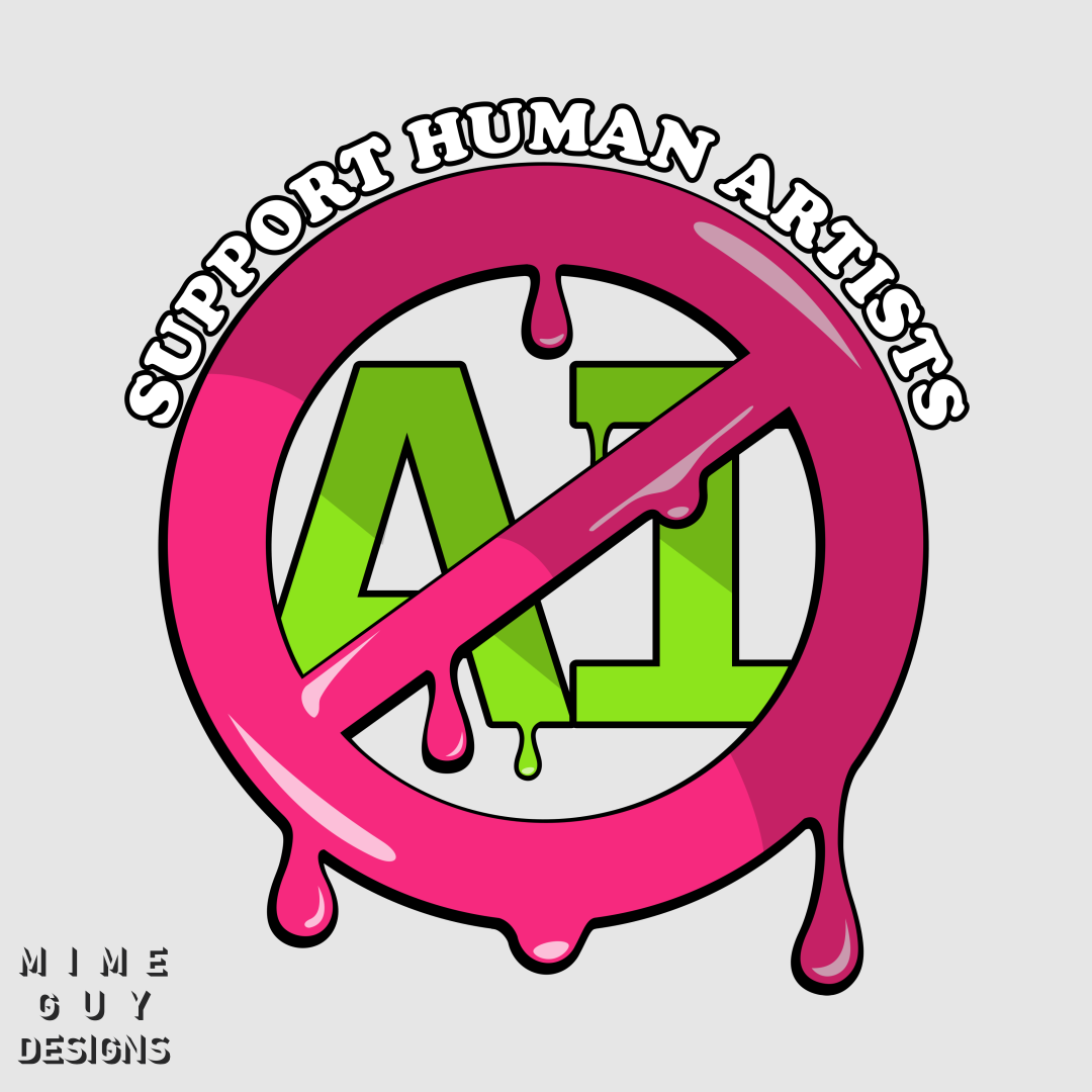 Logo with pink paint splatter, green letters, and black text supporting human artists, with a gray background.