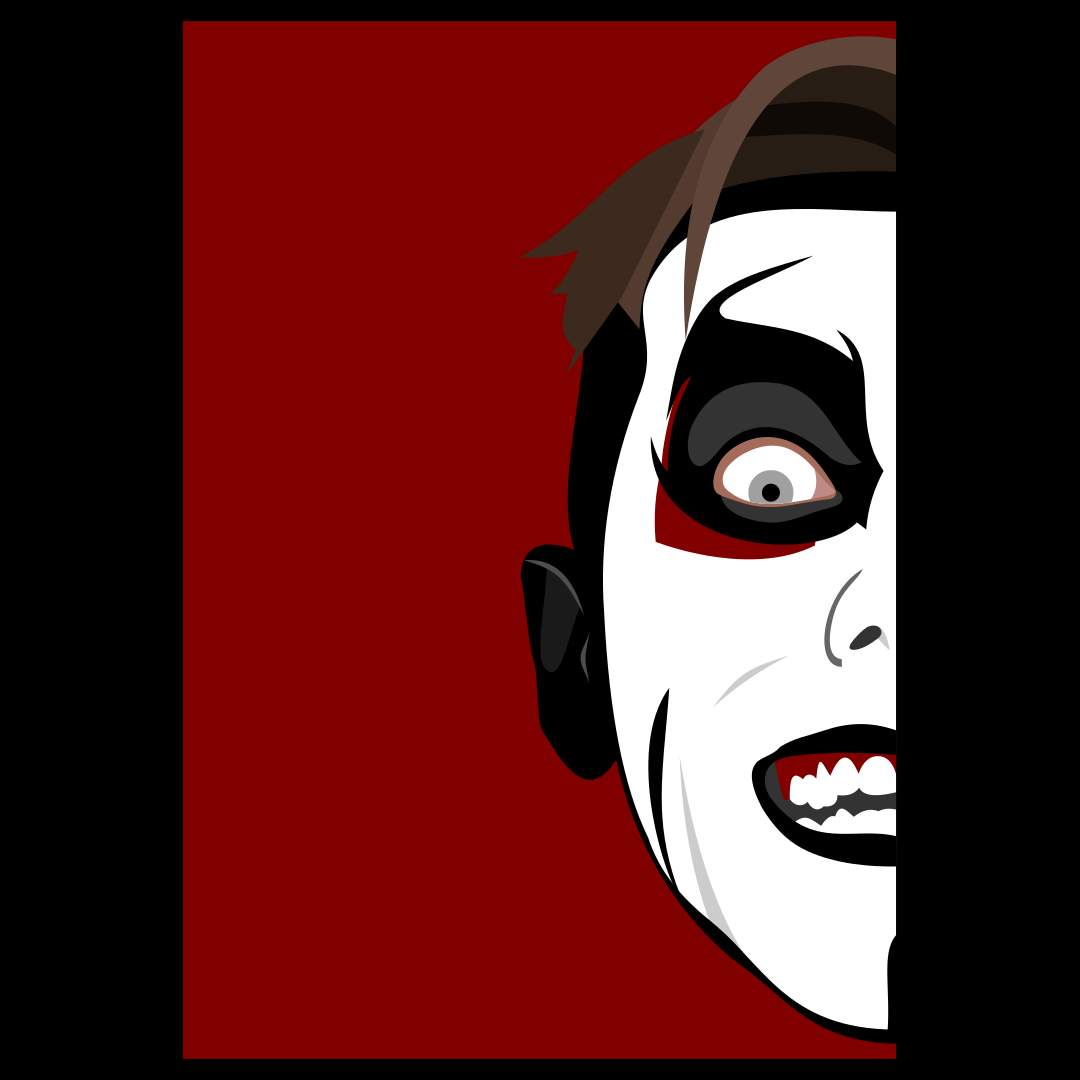 Half of a face with clown makeup, one eye wide open, against a red background.