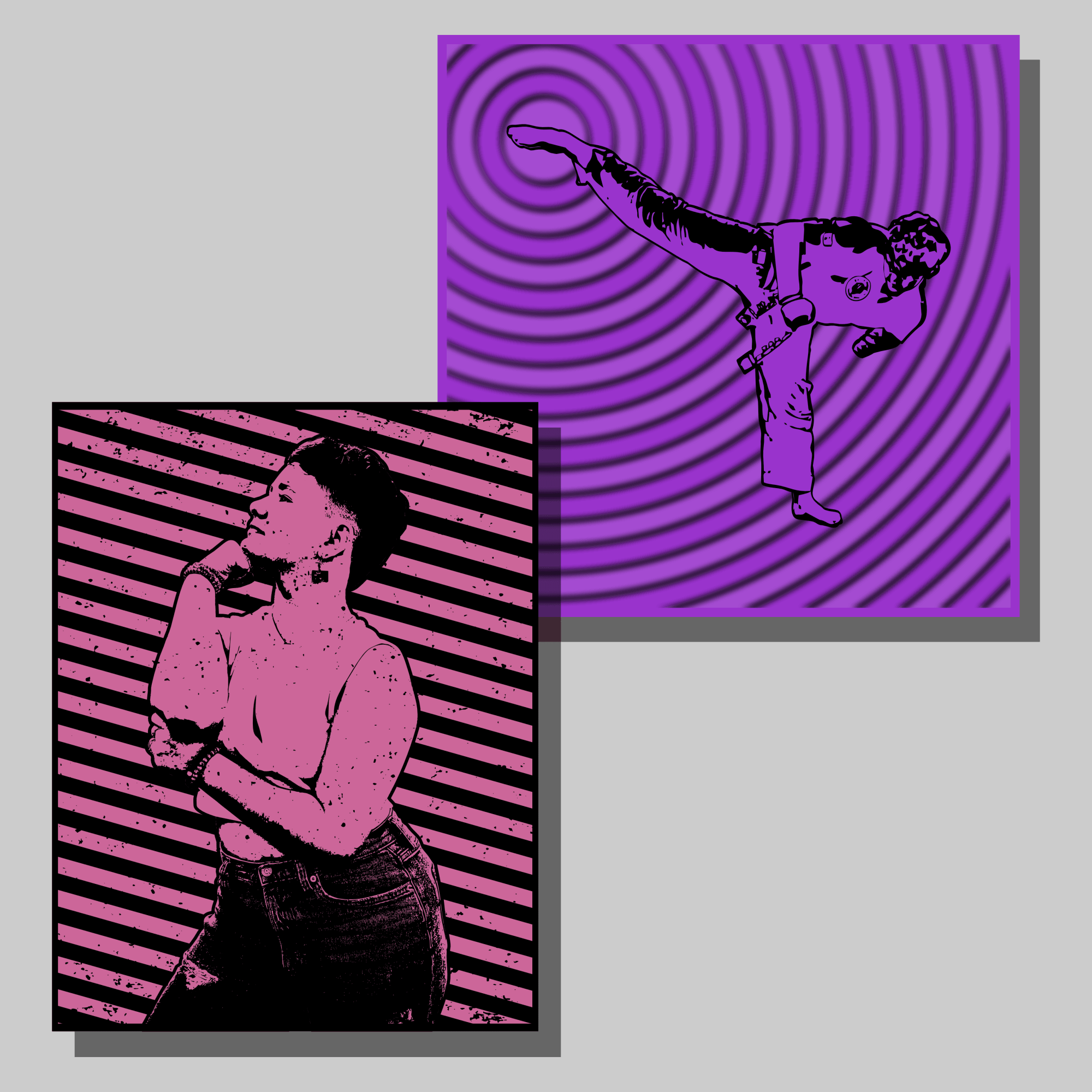 Two stylized images of a woman, one with a hand on her face, the other with a martial arts pose, on colorful backgrounds.