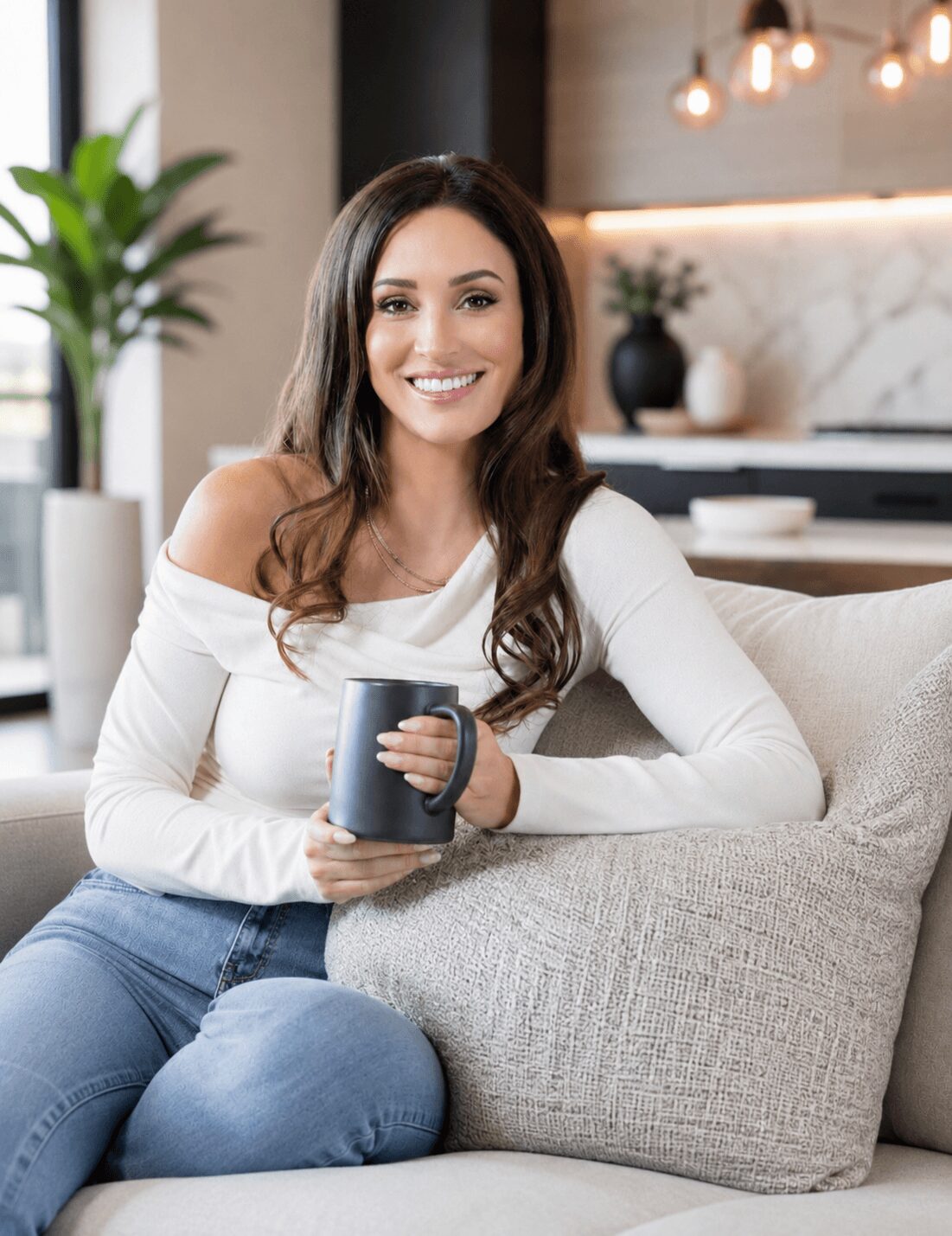Woman with long brown hair smiling, holding a mug, sitting on a sofa in a modern kitchen.
