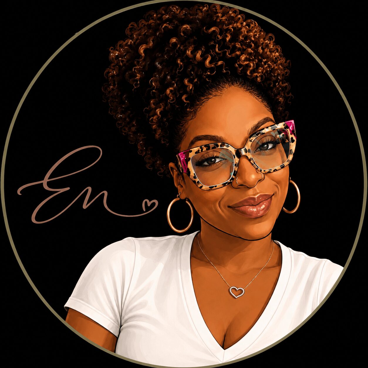 Portrait of a woman with curly hair, glasses, hoop earrings, and a heart necklace, smiling against a black background.