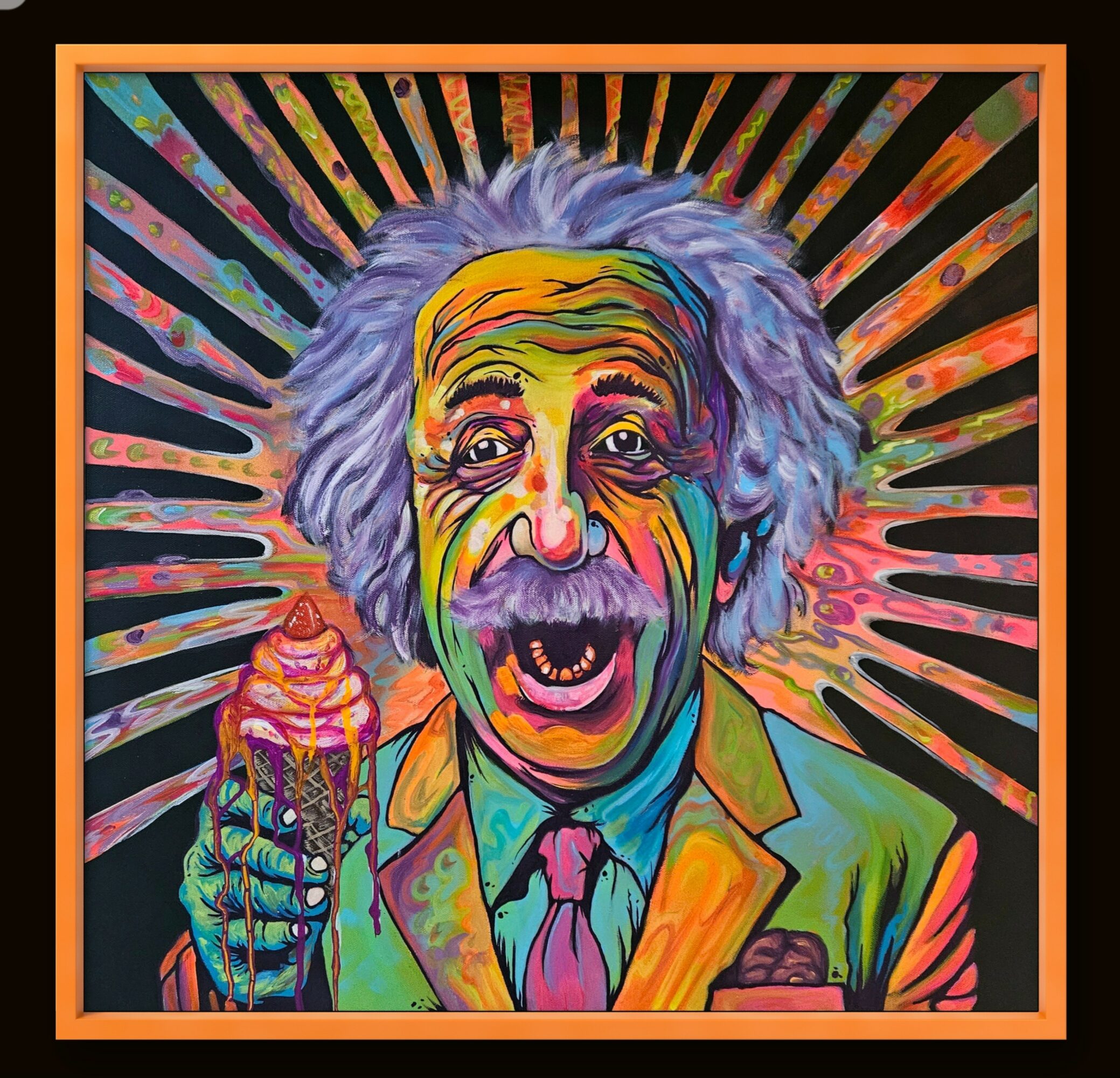 Colorful portrait of a man with wild hair, smiling, with a rainbow background and a small creature on his shoulder.