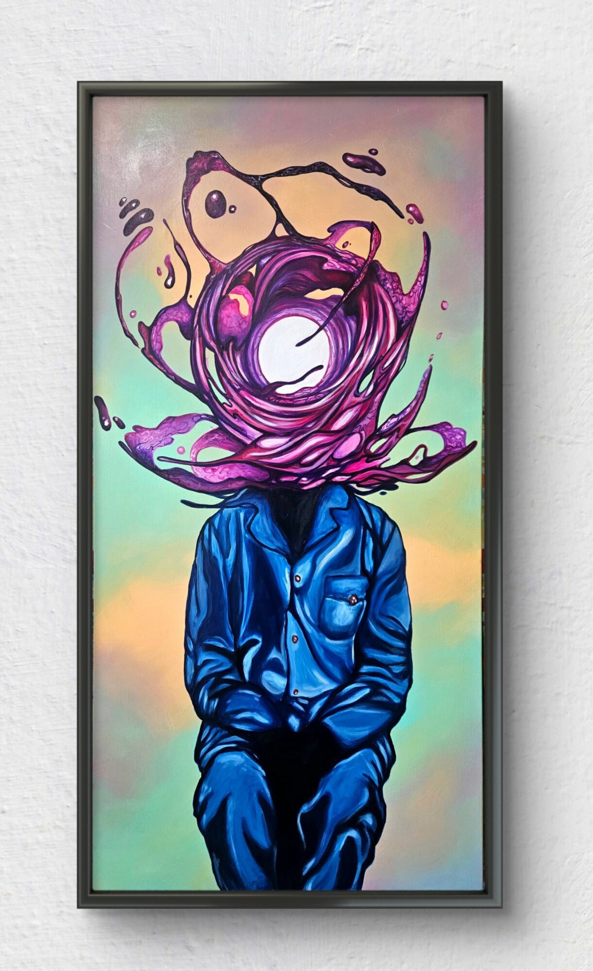 A person in a blue jacket sitting with a colorful, abstract, swirling head and a dog silhouette above, pastel background.