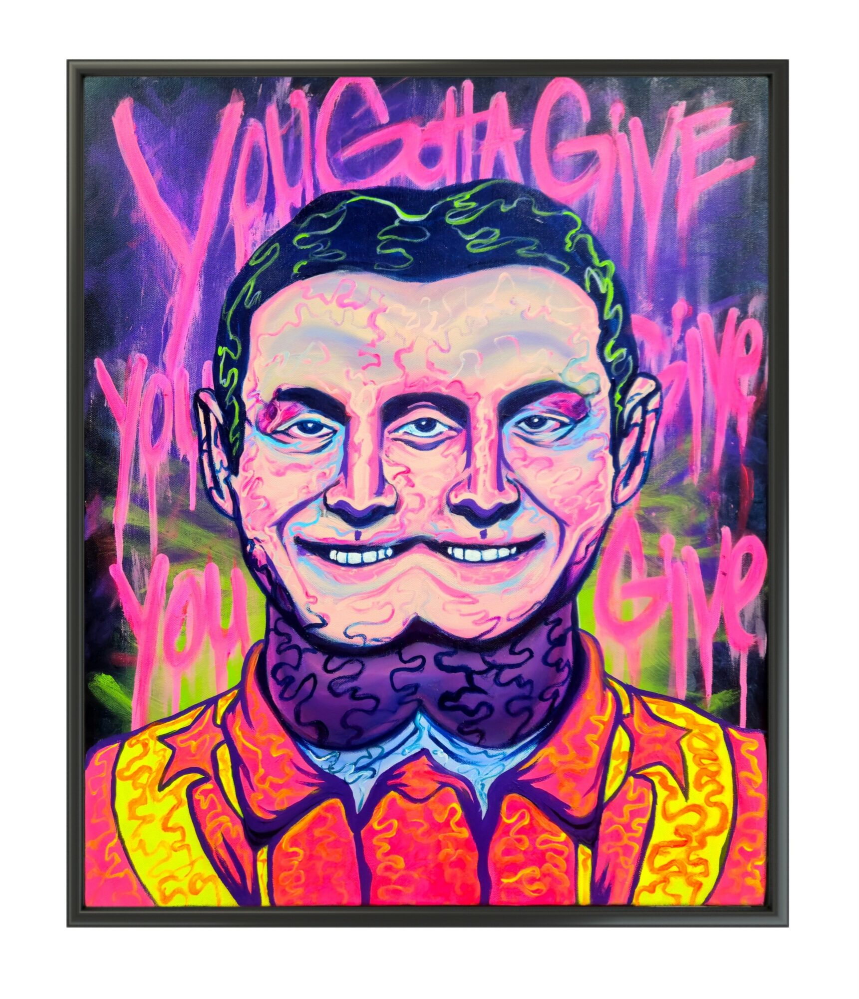 Colorful portrait of a smiling man with short dark hair, wearing a patterned shirt, with pink and purple graffiti background.