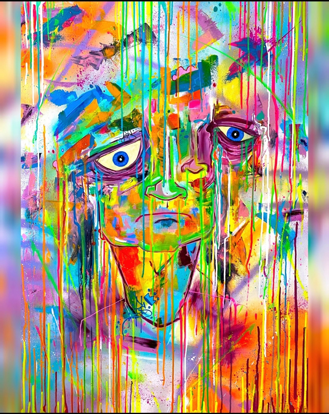 Colorful abstract portrait of a face with large eyes, dripping paint, and vibrant splashes of color throughout.