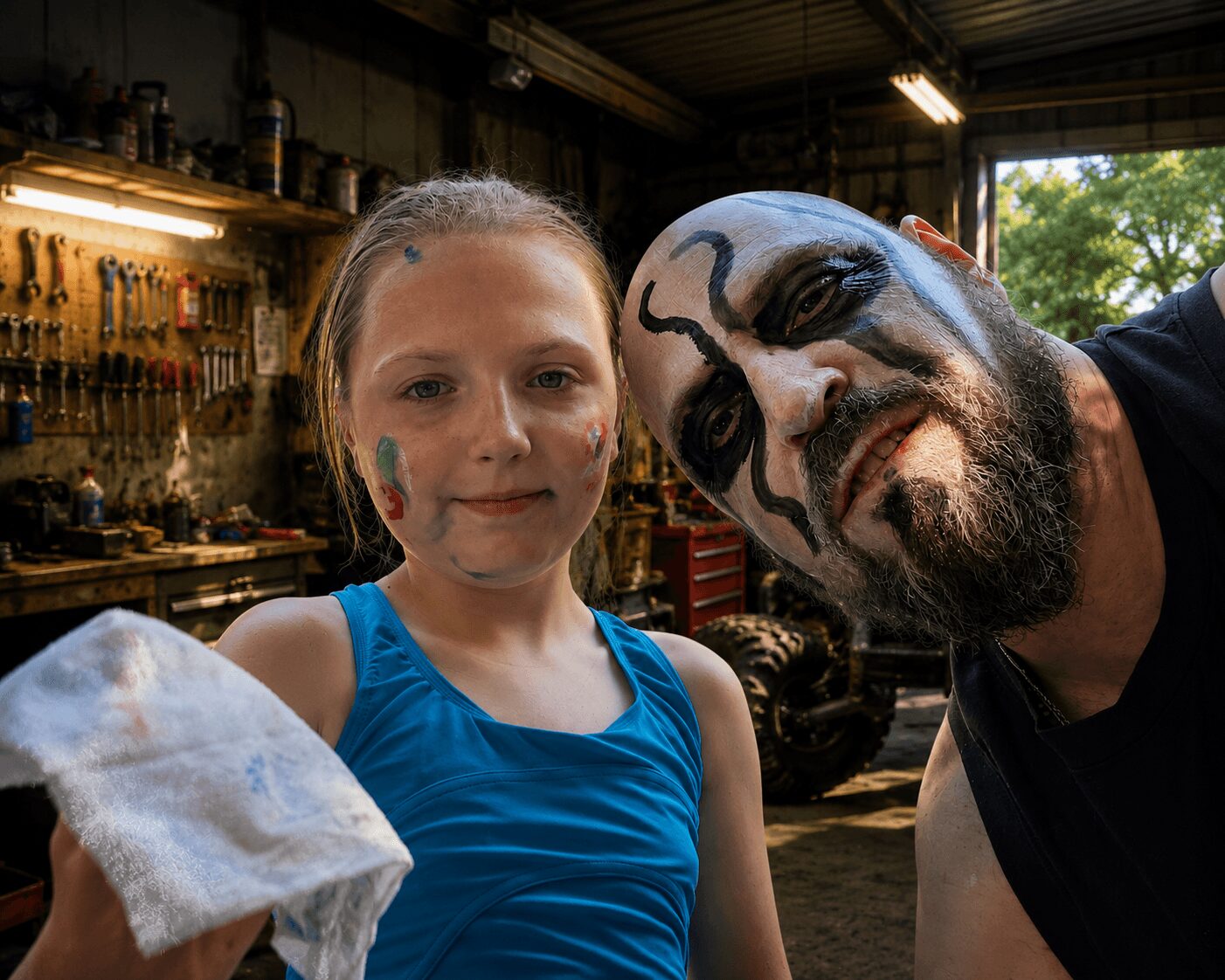 A young girl with face paint and a man with face paint pose together indoors, smiling at the camera.
