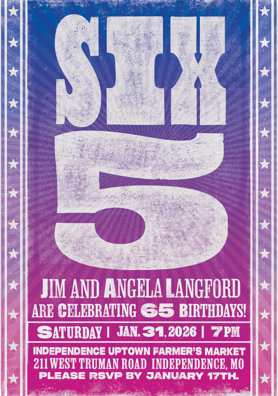 Celebration invitation for Jim and Angela Langford's 65th birthdays, with event details and date.
