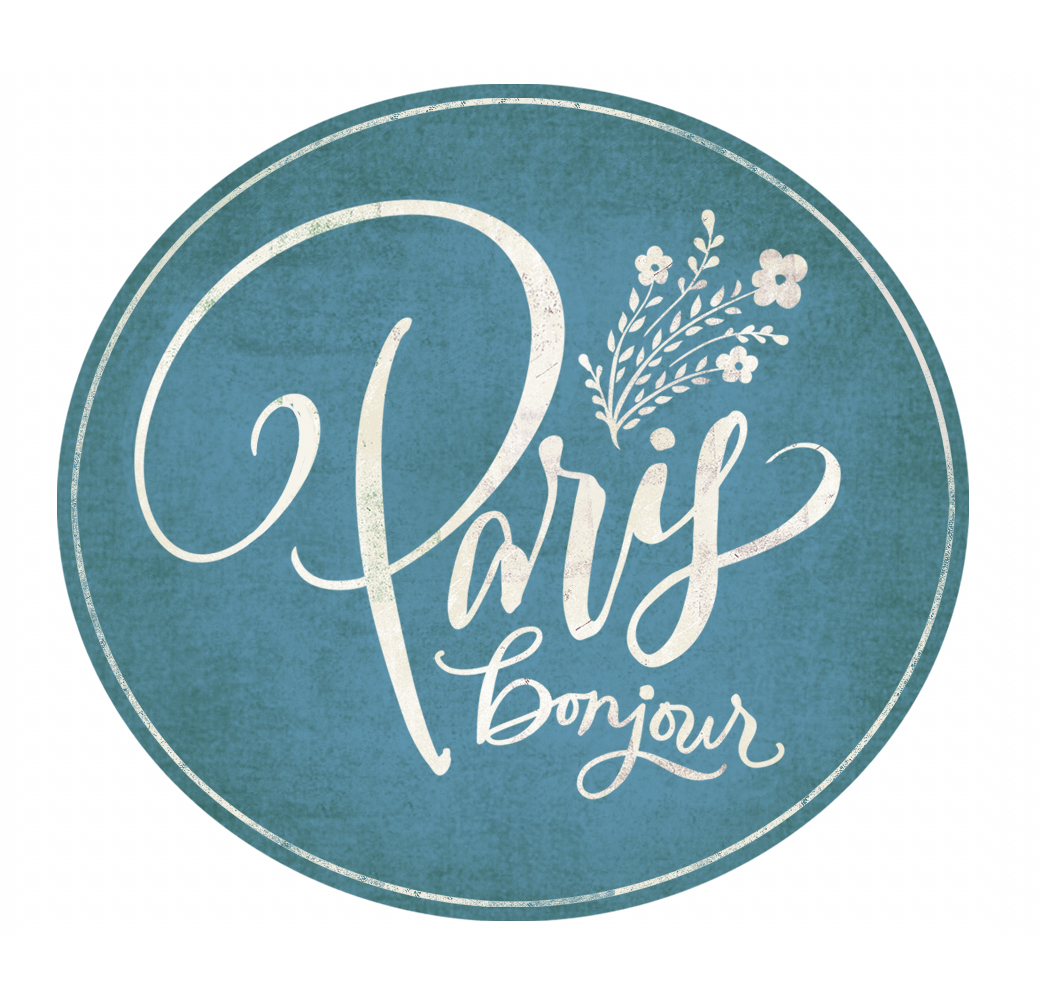 Blue circular badge with white text 'Paris' and 'bonjour' with floral design, textured background.