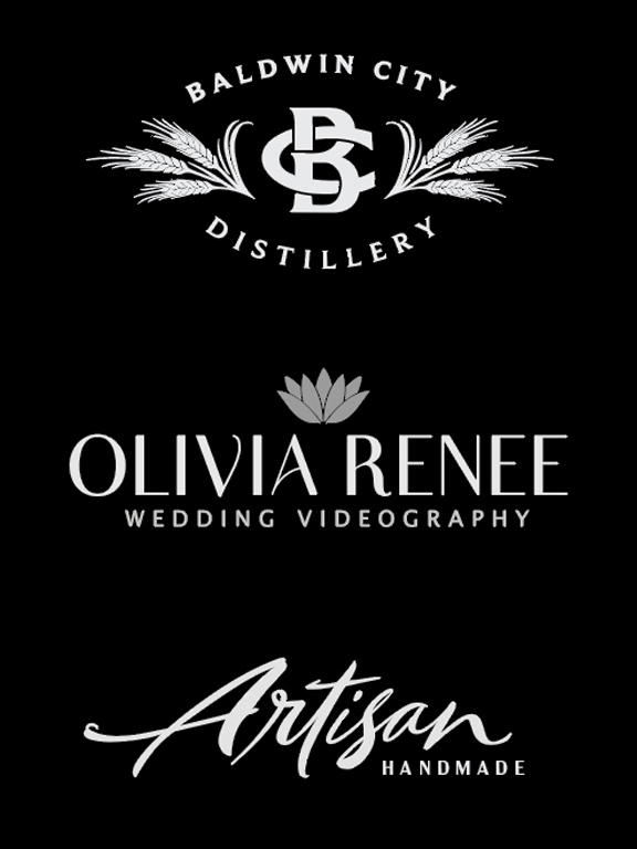 Logo with Baldwin City Distillery, Olivia Renee Wedding Videography, and Artisan Handmade text, black background, white text, decorative elements.