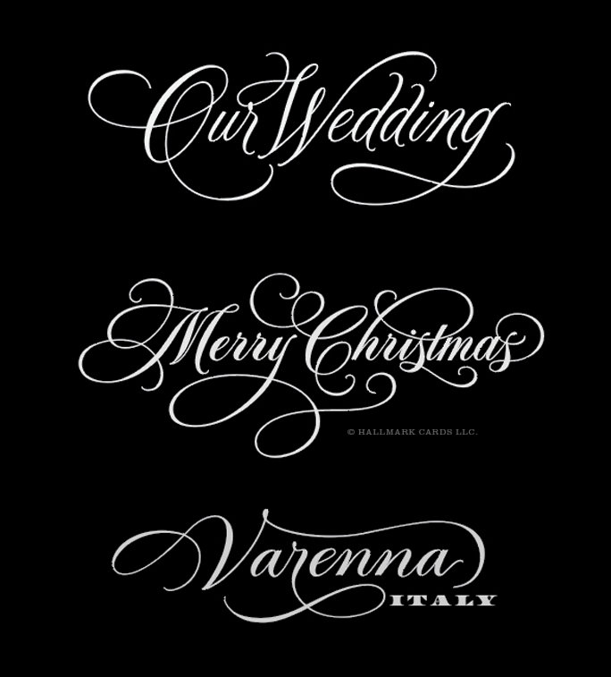 Elegant white script text on black background with holiday greetings and a location name.