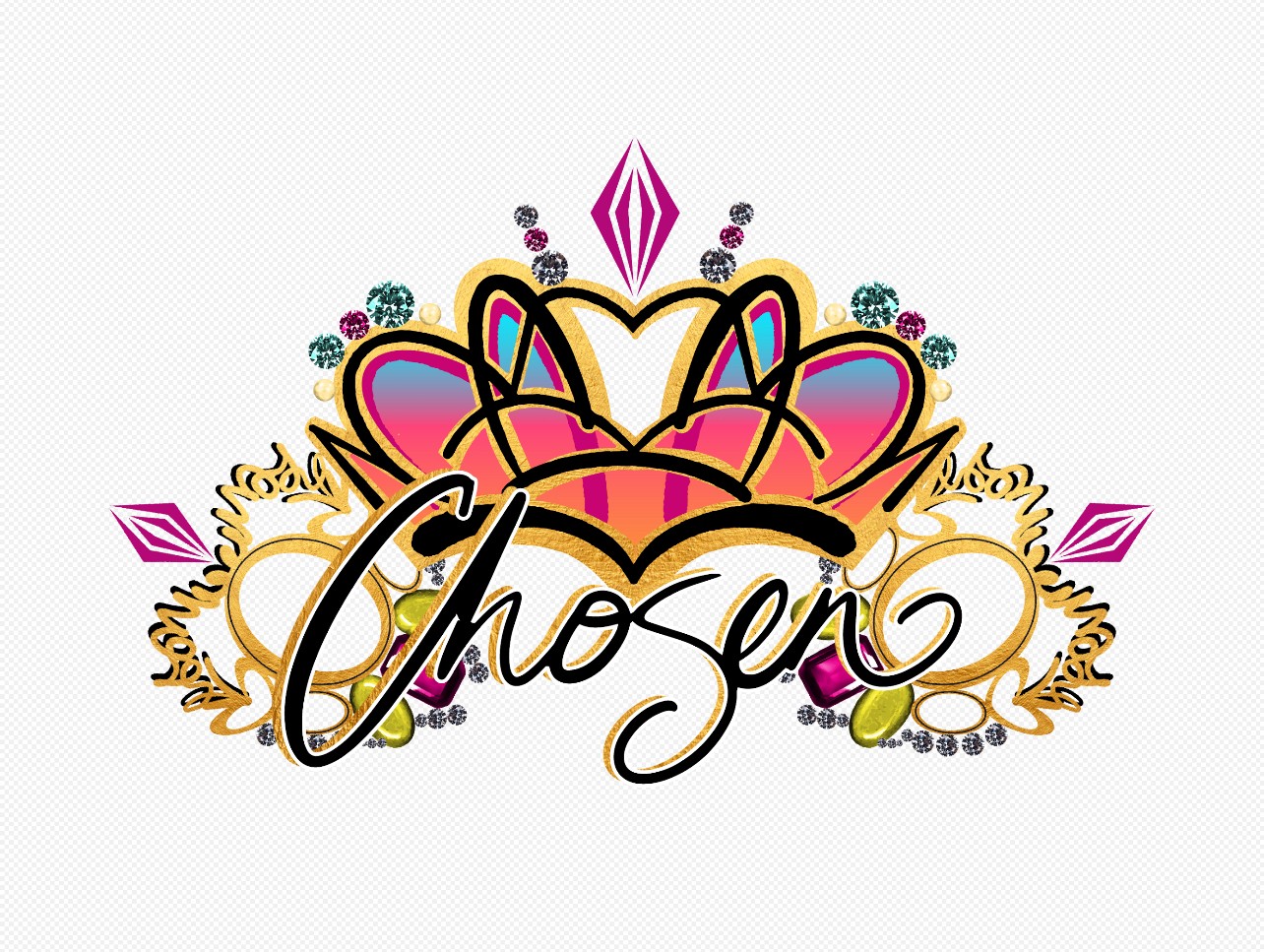 Decorative design with pink, gold, and purple elements, and the word