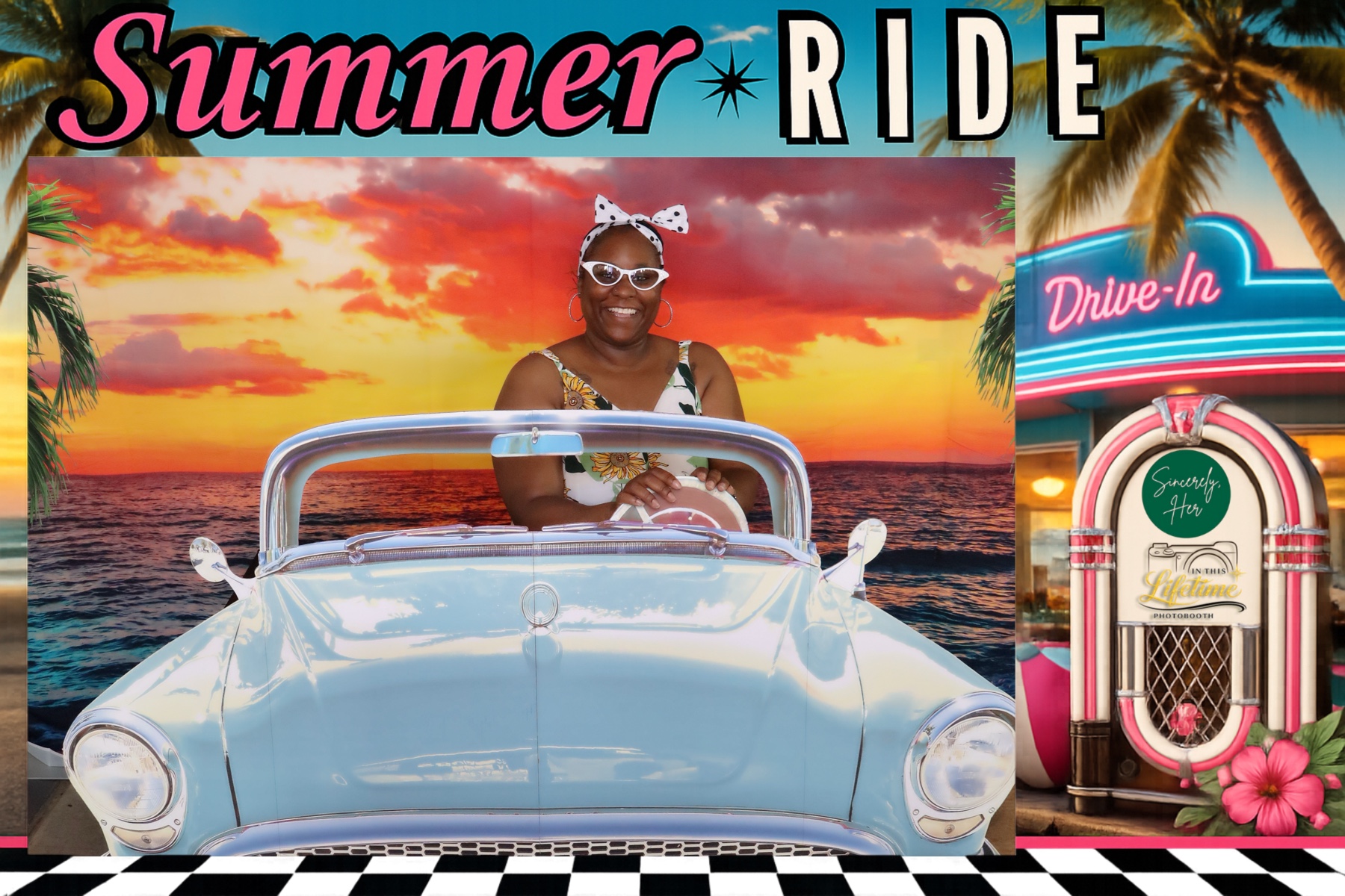 Woman in sunglasses and headband sitting in a vintage car with a sunset background, palm trees, and a drive-in sign.