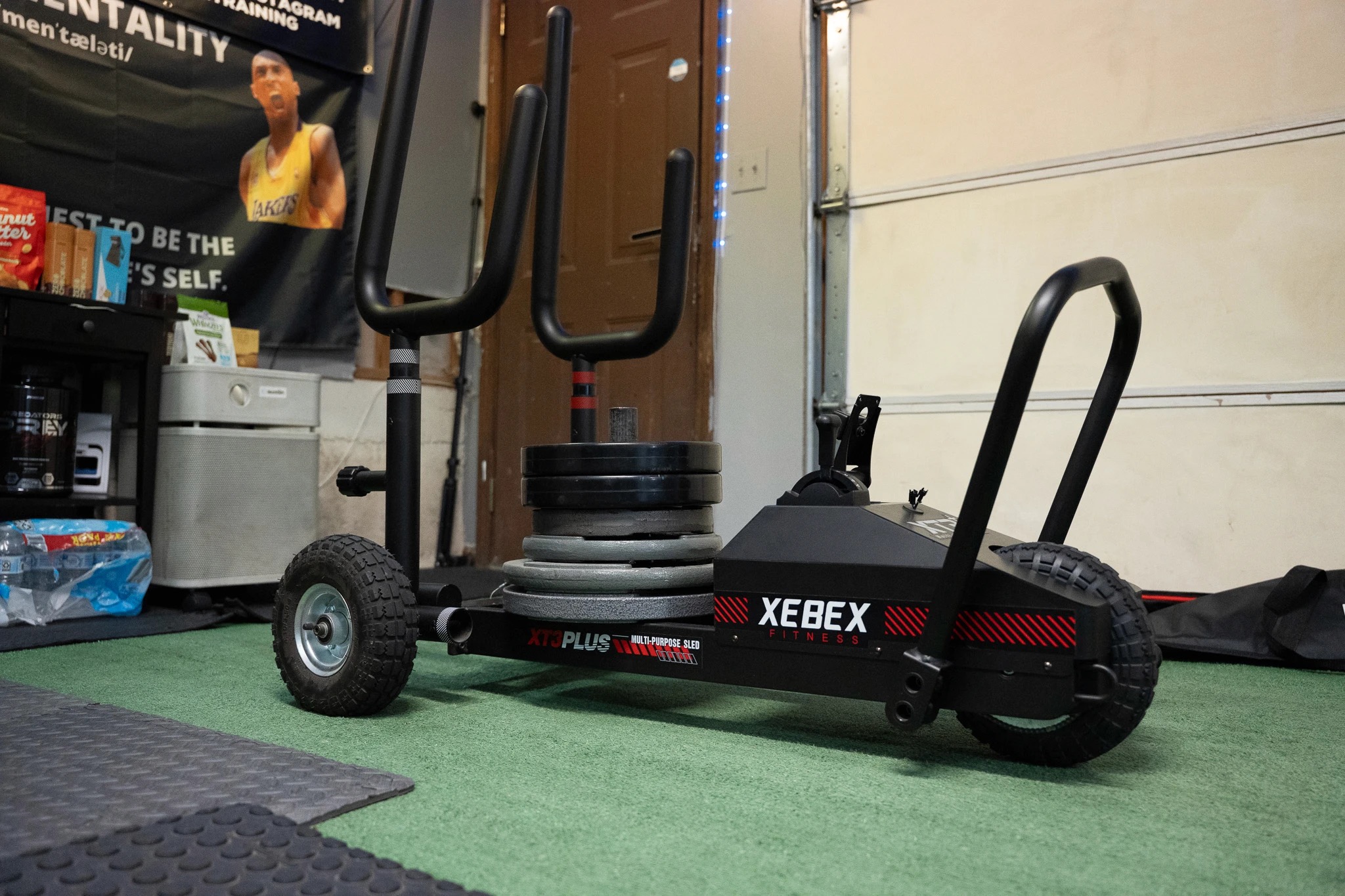 Indoor gym with exercise equipment, including a black XEBEX step platform and a black and red sled on green flooring.