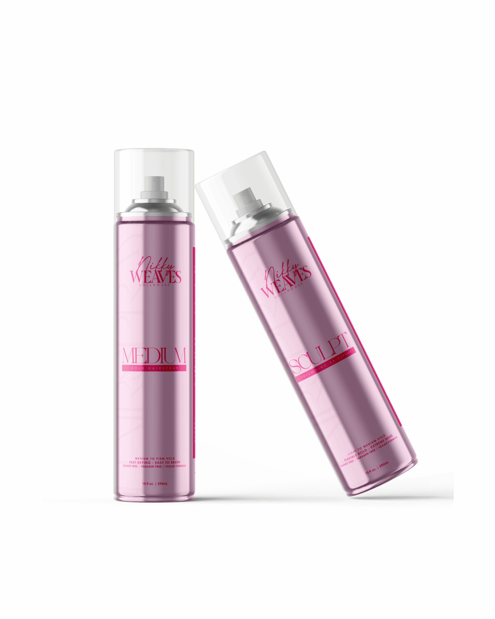 Two pink spray bottles with clear caps, one upright and one tilted, against a white background.