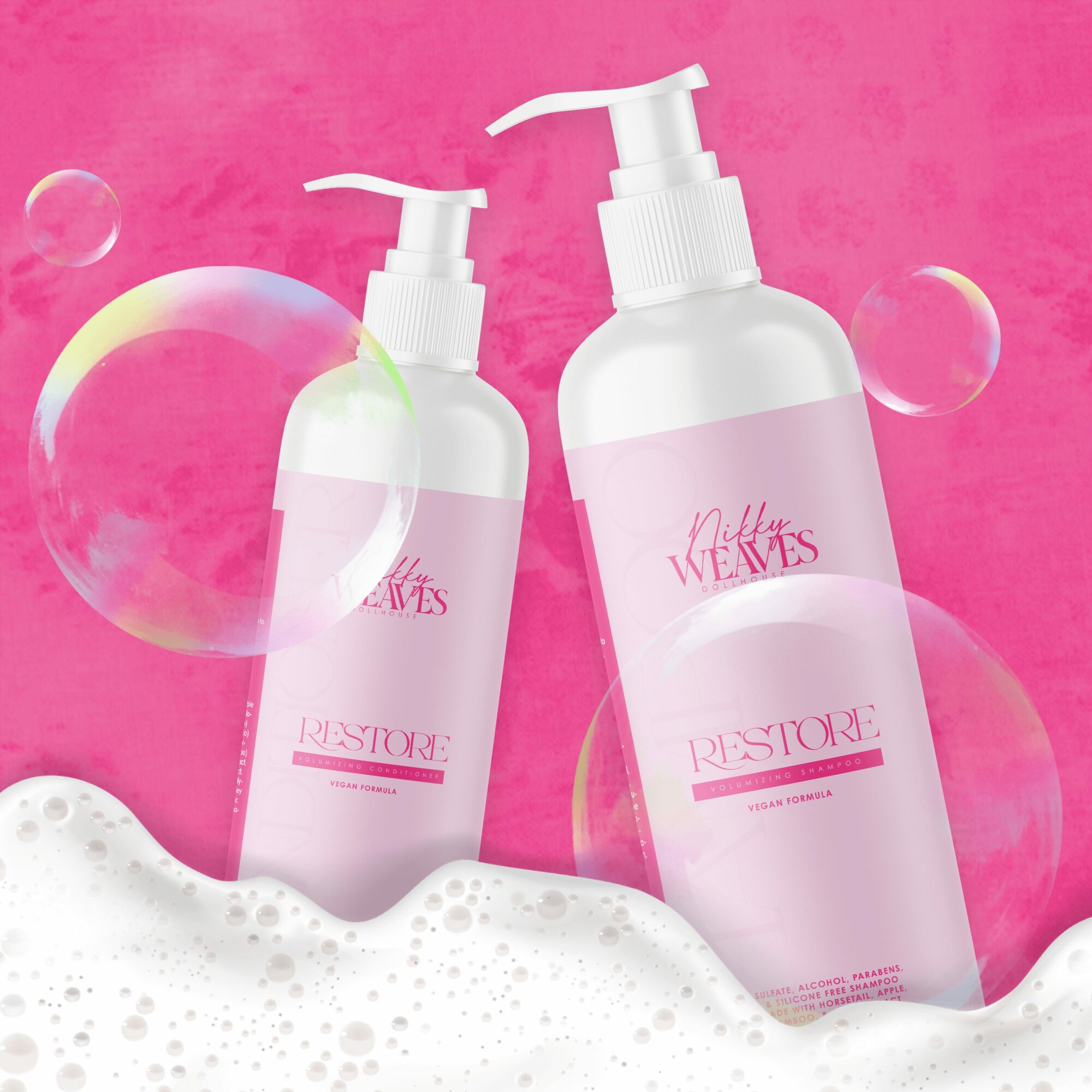 Two white bottles with pink labels and pump dispensers on a pink background with bubbles and foam, product named 'Restore'.