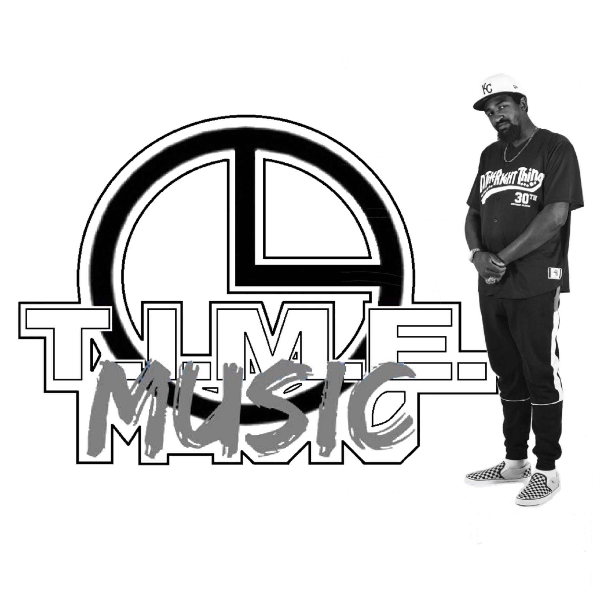 Person standing next to a logo with the words 'TIME MUSIC' and a circular design, in black and white.