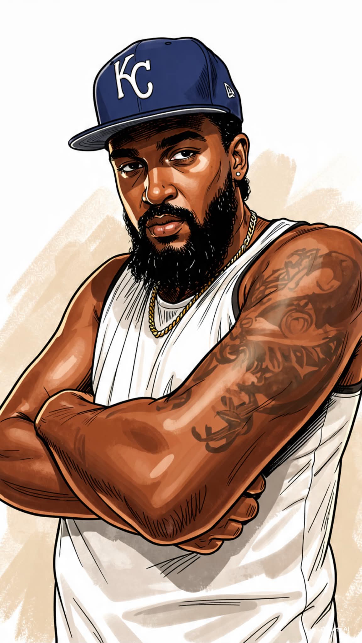 Portrait of a man with a beard, wearing a blue Kansas City baseball cap and a white sleeveless shirt, crossing arms.