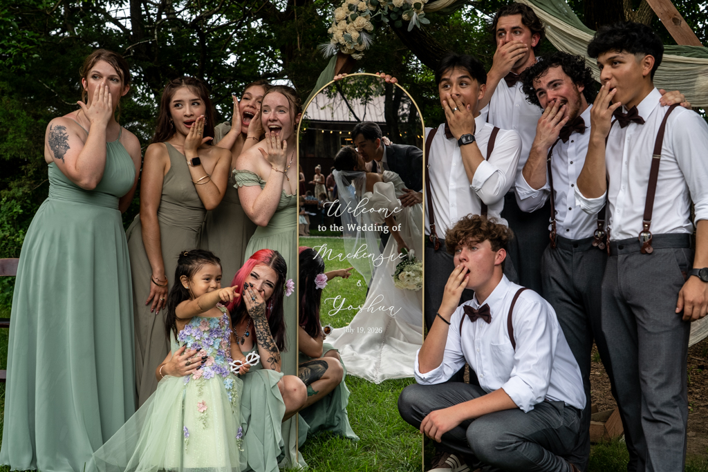 Group of people at outdoor wedding, some covering mouths, others smiling, with a mirror reflecting the scene, surrounded by greenery.