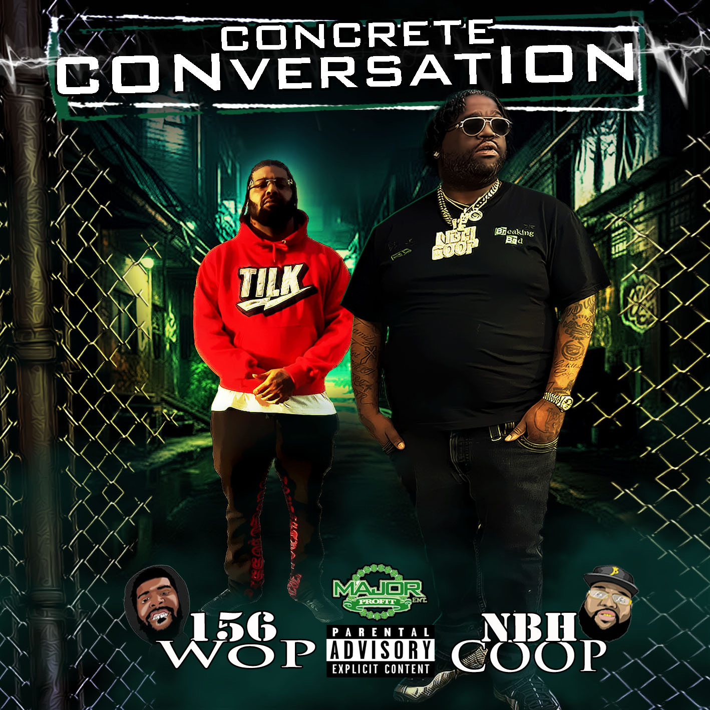 Two men stand in front of a chain-link fence with a neon sign reading 'Concrete Conversation.' One wears a red hoodie, the other a black shirt.