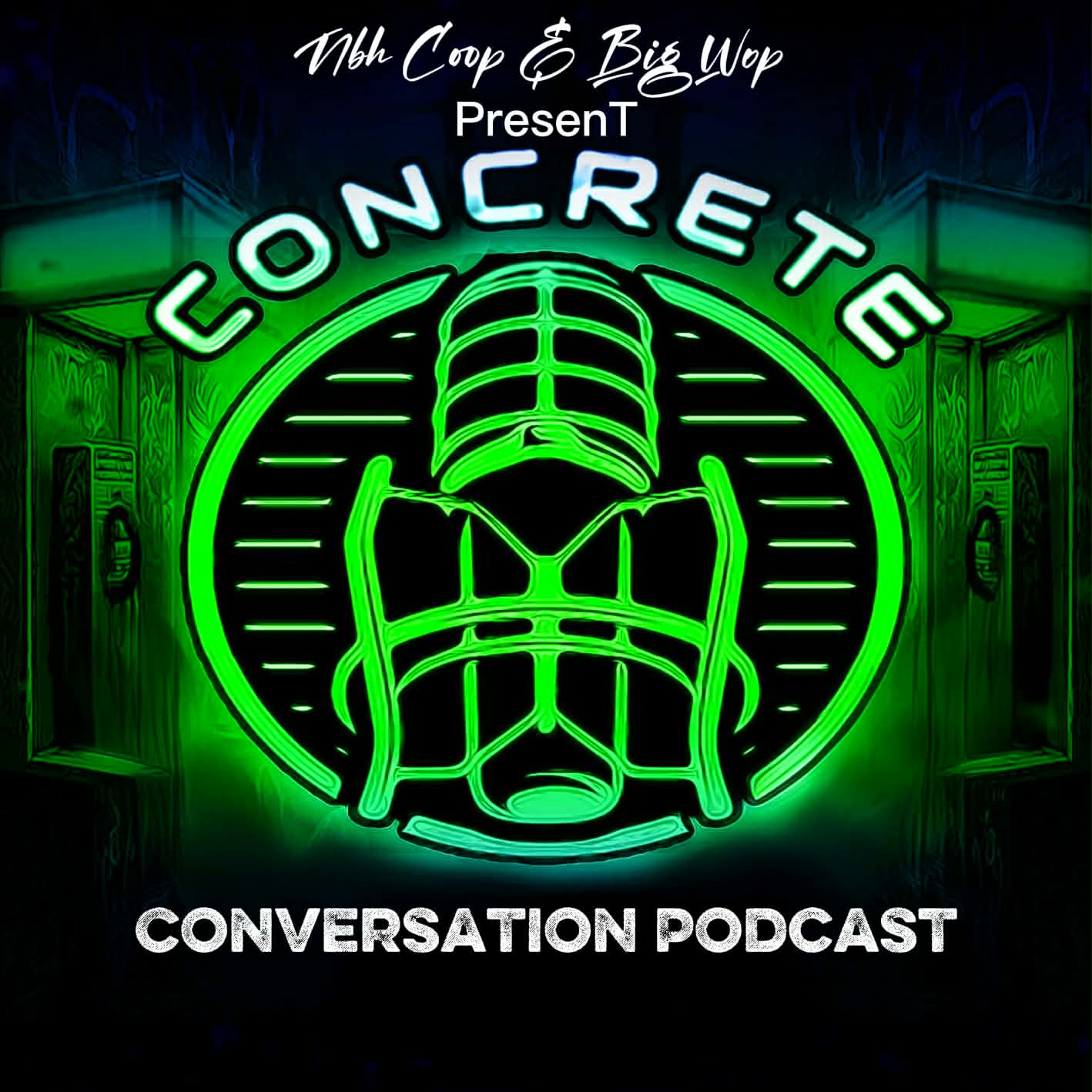 Bright green circular logo with a microphone in the center, surrounded by speakers, for a conversation podcast.