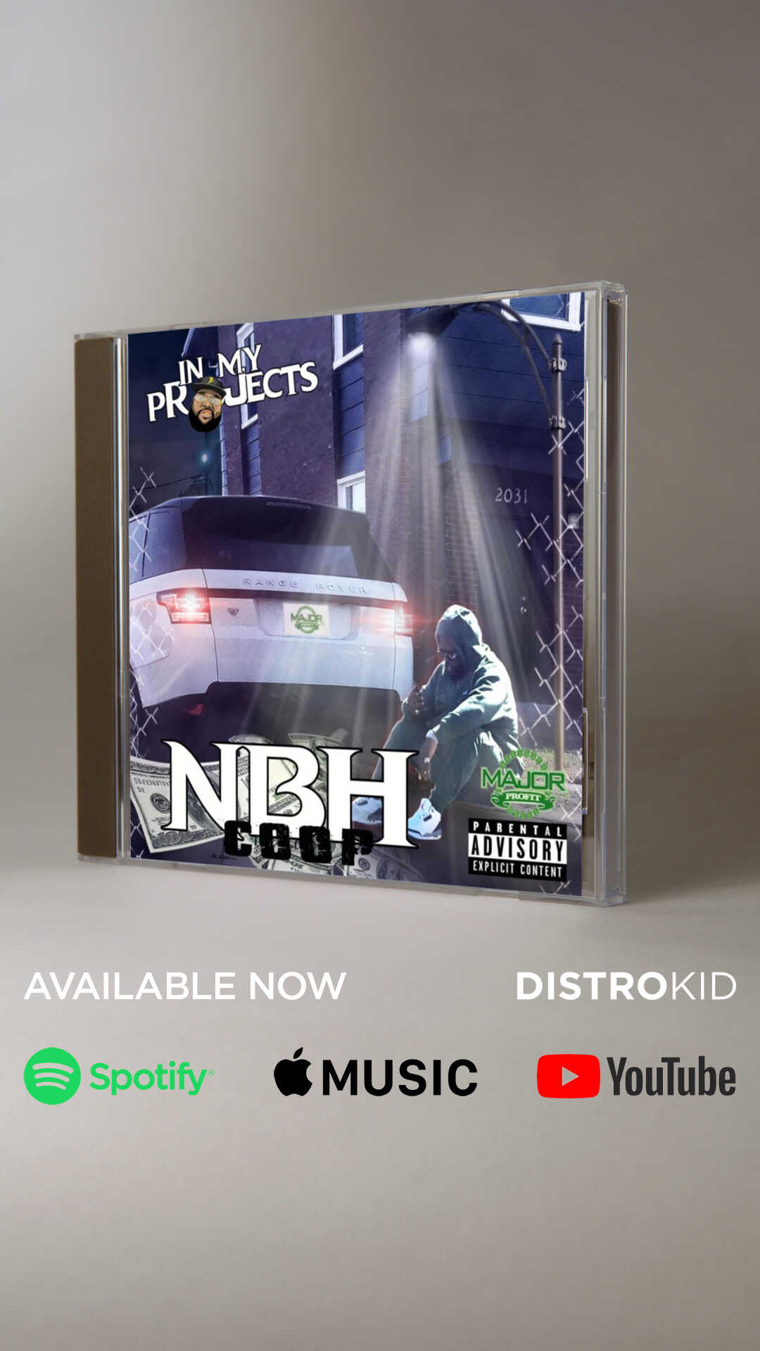 CD album cover titled 'In My Projects' featuring a car and a person sitting on the ground, with a dark background.