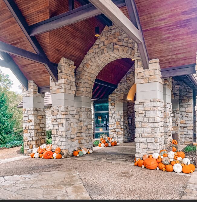 Stone archway entrance with pumpkins and gourds on ground, wooden ceiling, and stone columns, outdoors setting.