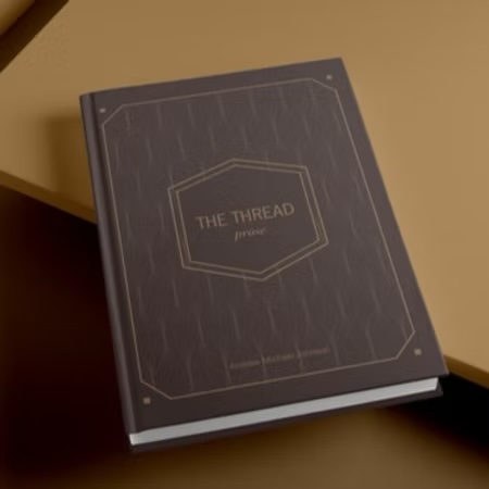 Closed book titled 'The Thread' on a beige surface, dark cover with geometric lines, gold accents, and text.