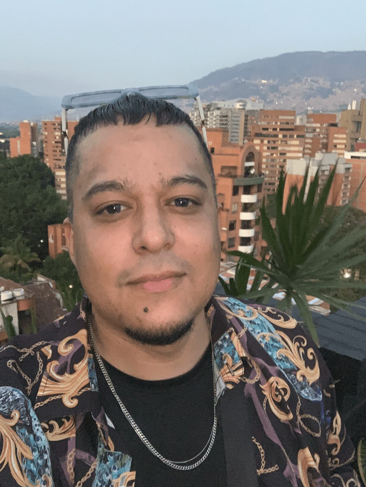 Young man with short dark hair and a goatee, wearing a patterned shirt and silver chain, outdoors with city buildings and mountains in background.