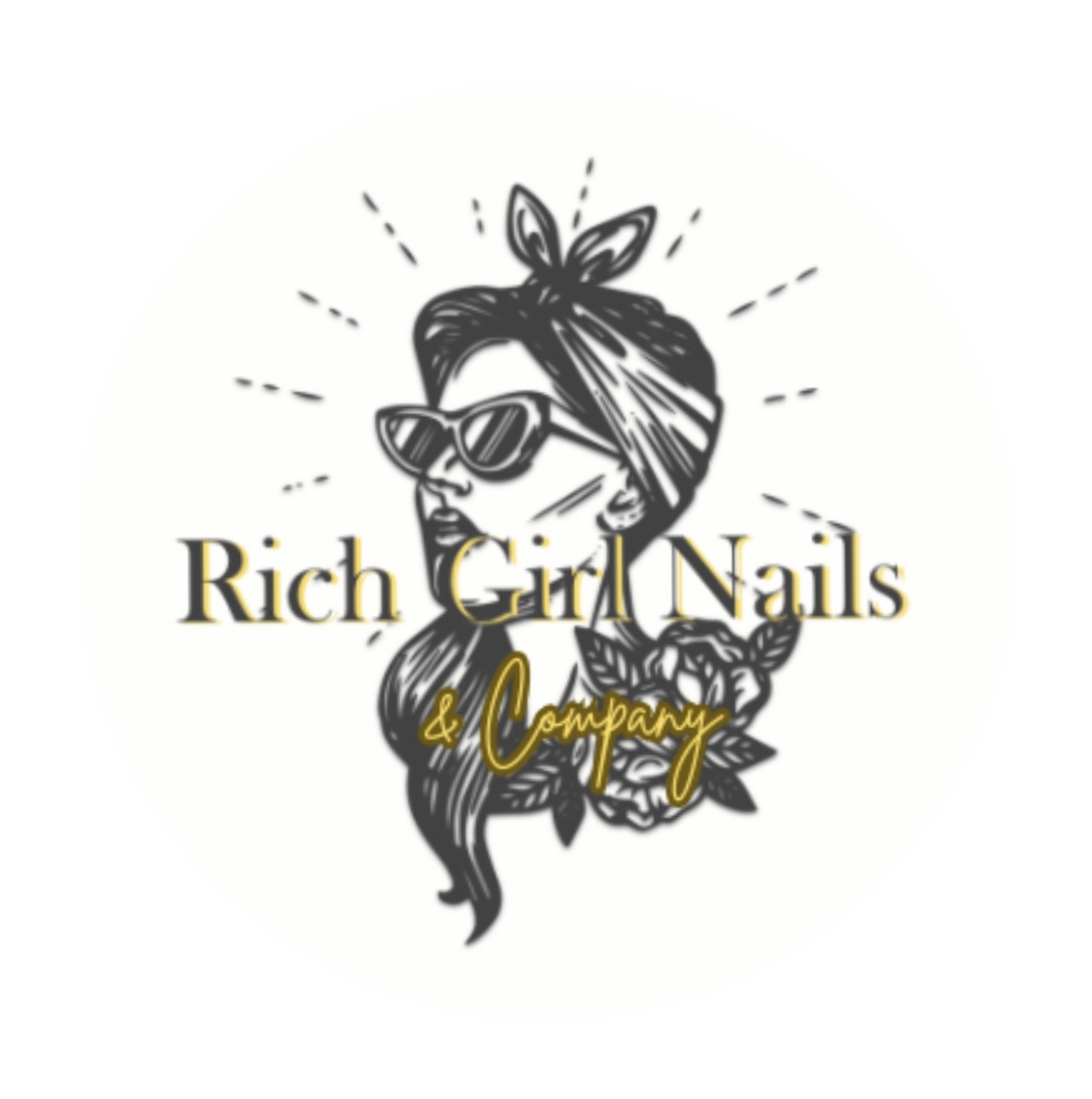 Illustration of a woman with sunglasses, a headscarf, and long nails, holding a nail polish bottle, with text 'Rich Girl Nails & Company'.