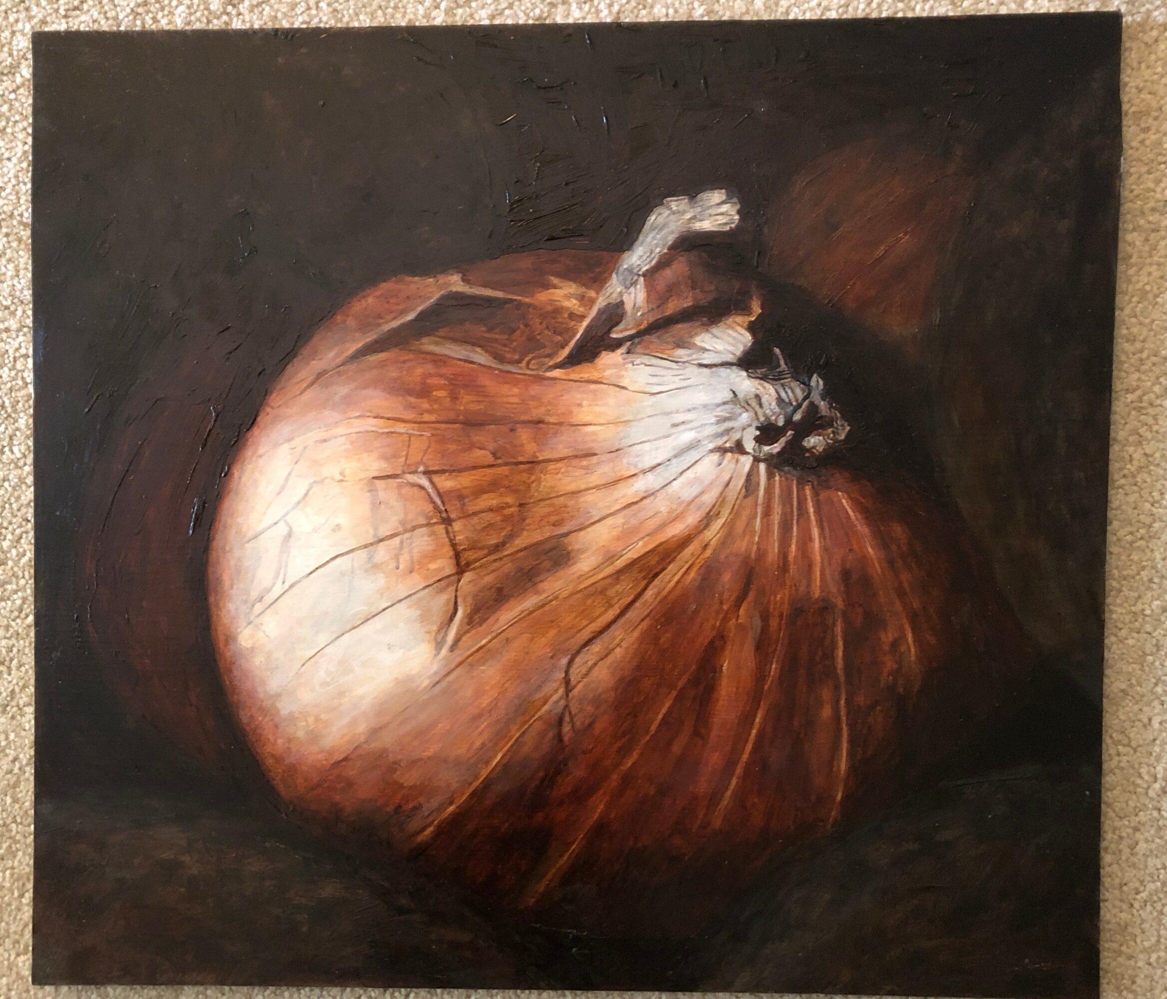 A painting of a large onion with a dark background, showing detailed textures and colors of the onion's skin.