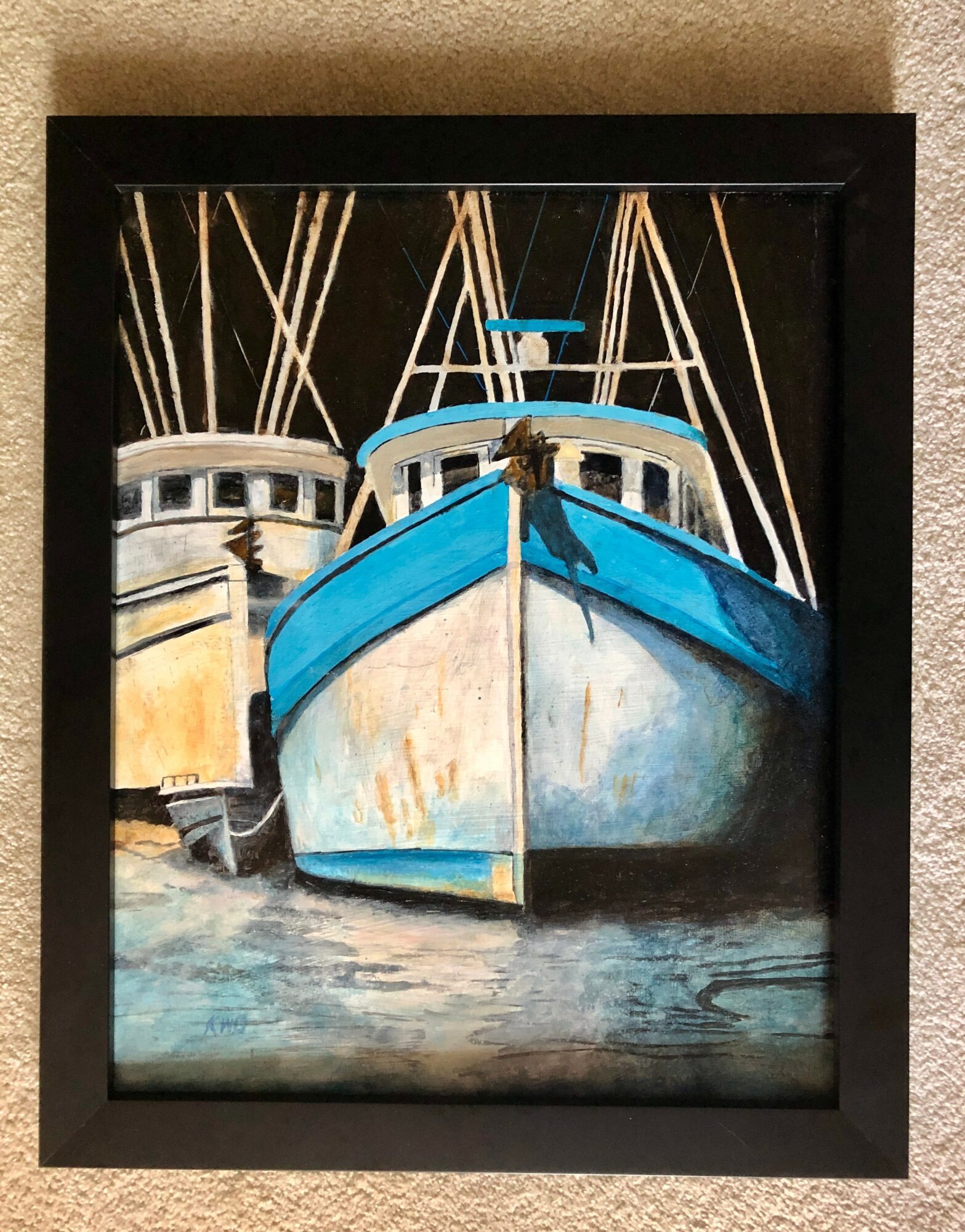 Painting of two boats docked, with reflections in water, framed in black, with a textured background.