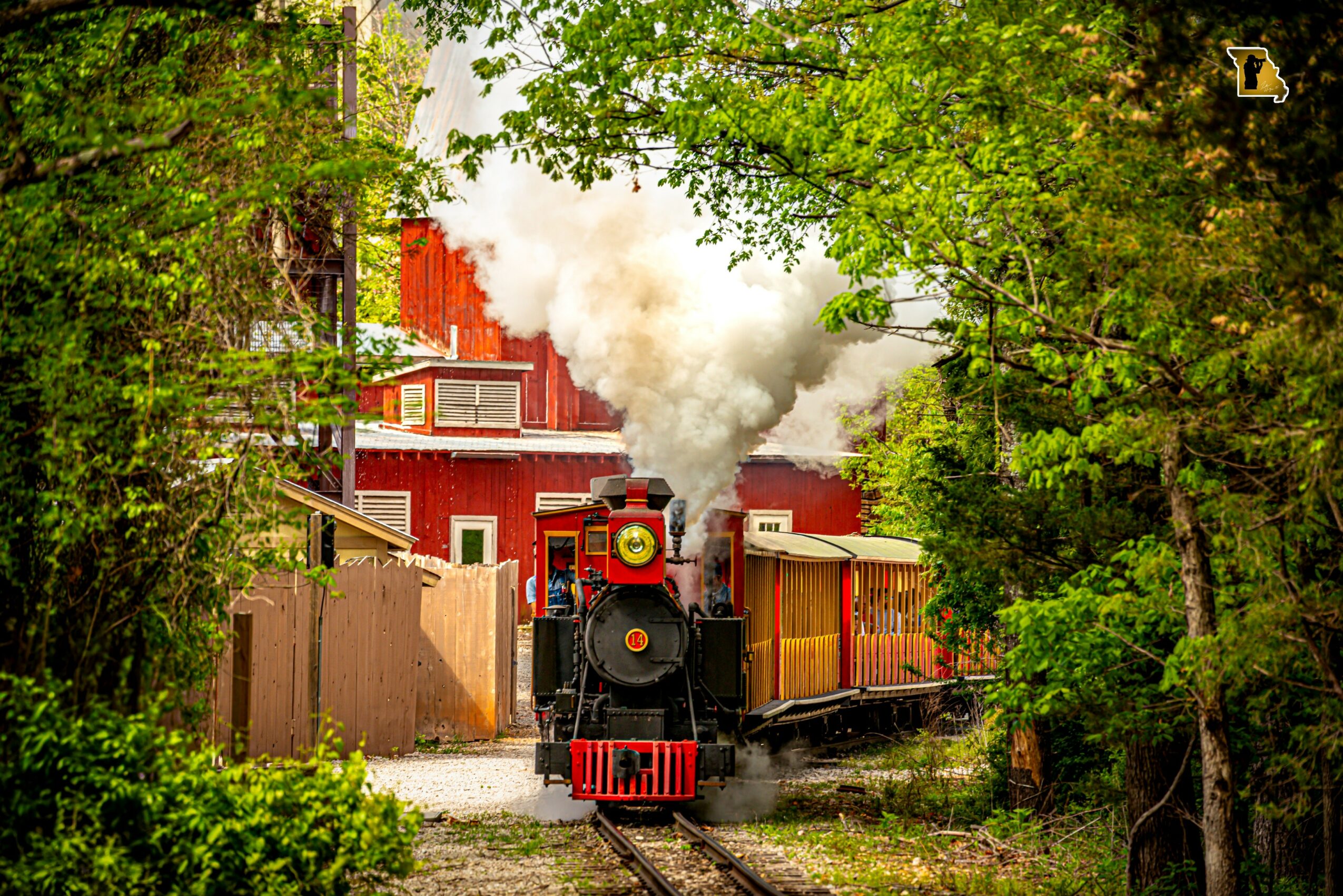 Steam train with smoke moving through a green, tree-lined area near buildings, viewed from the front.
