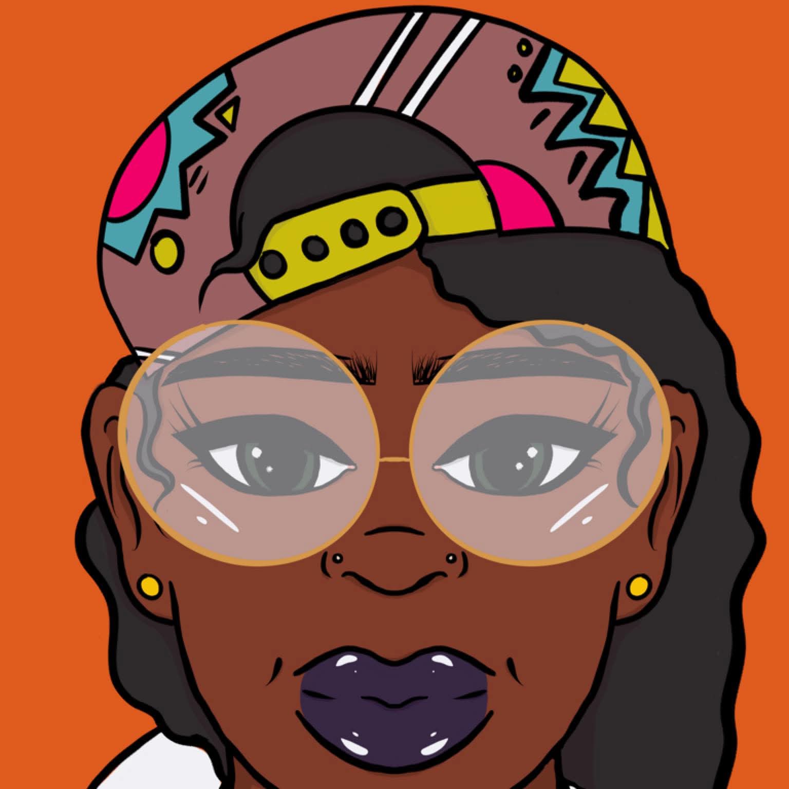 Portrait of a woman with glasses, wearing a colorful cap, earrings, and dark lipstick, against an orange background.