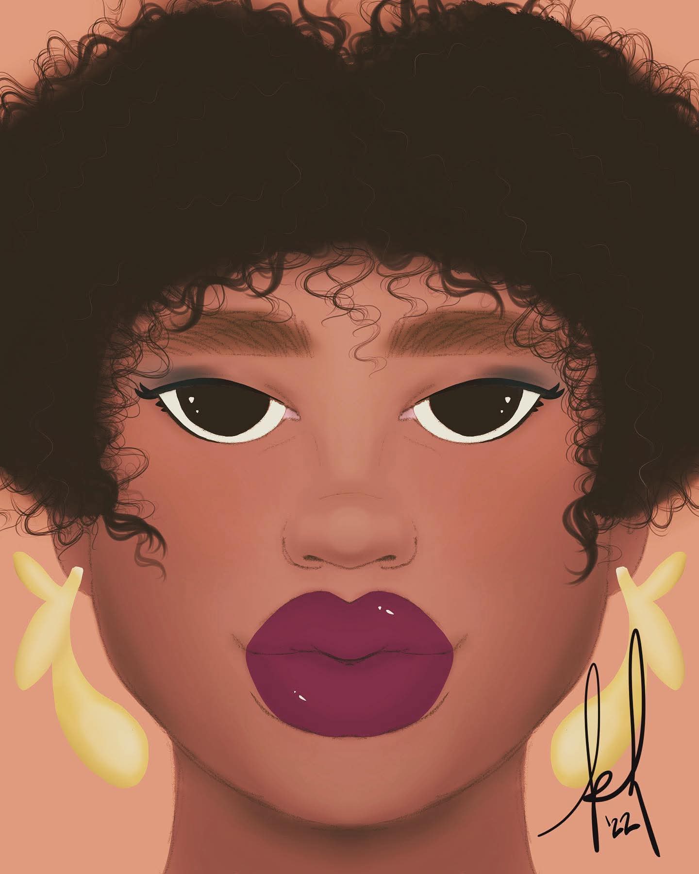 Digital illustration of a person with curly hair, dark eyes, and purple lips, against a pink background.